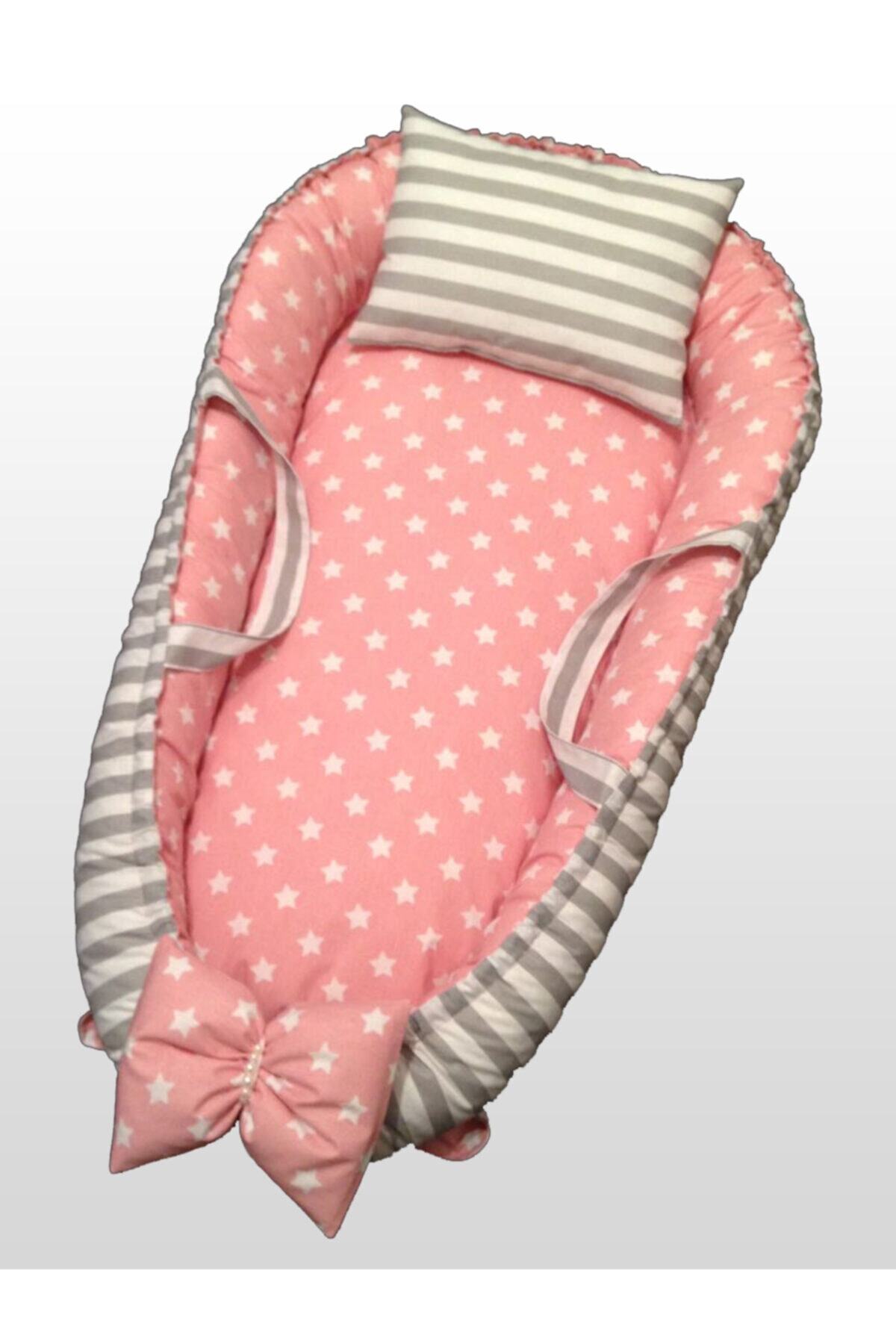 Babyce B022  Pembe Yıldızlı ve Gri Çizgili Babynest