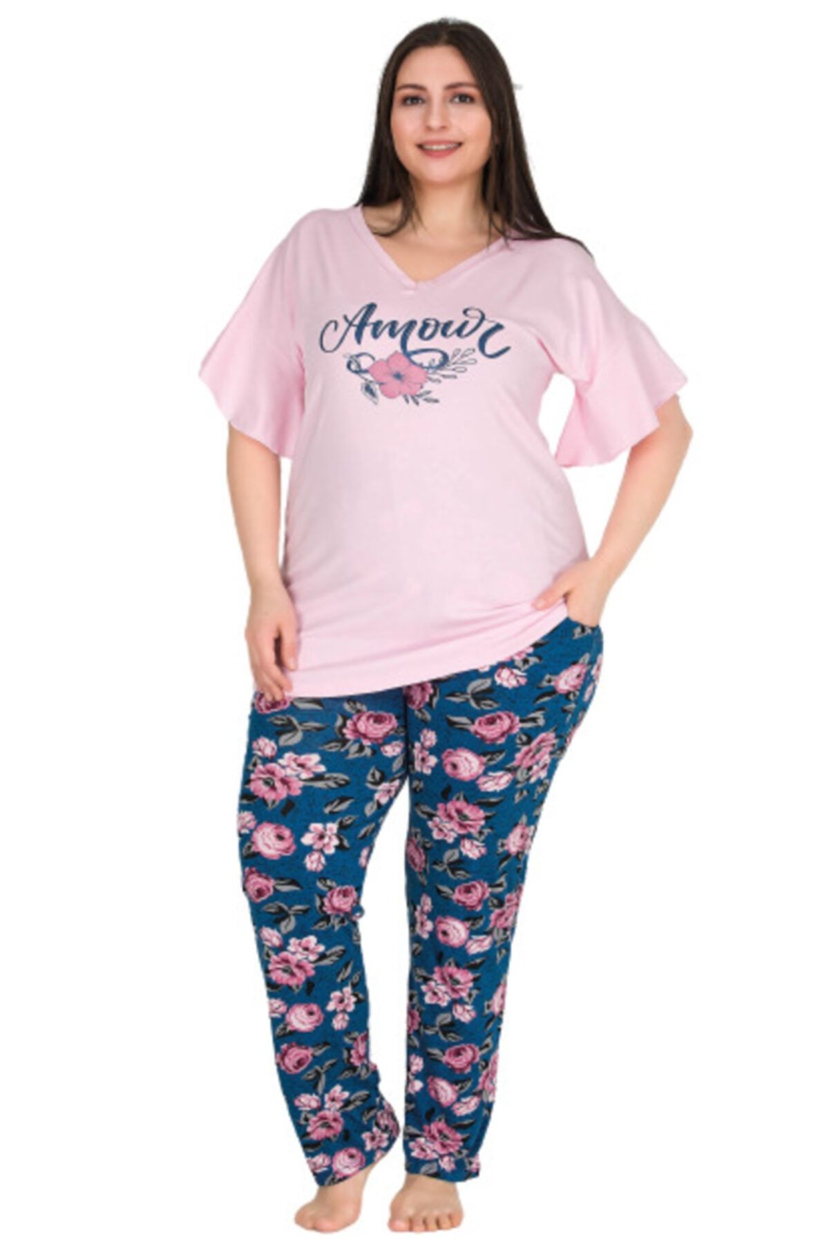 Shop mood Pembe Çiçekli Kısa Kollu V Yaka Büyük Beden Kadın Pijama Takımı