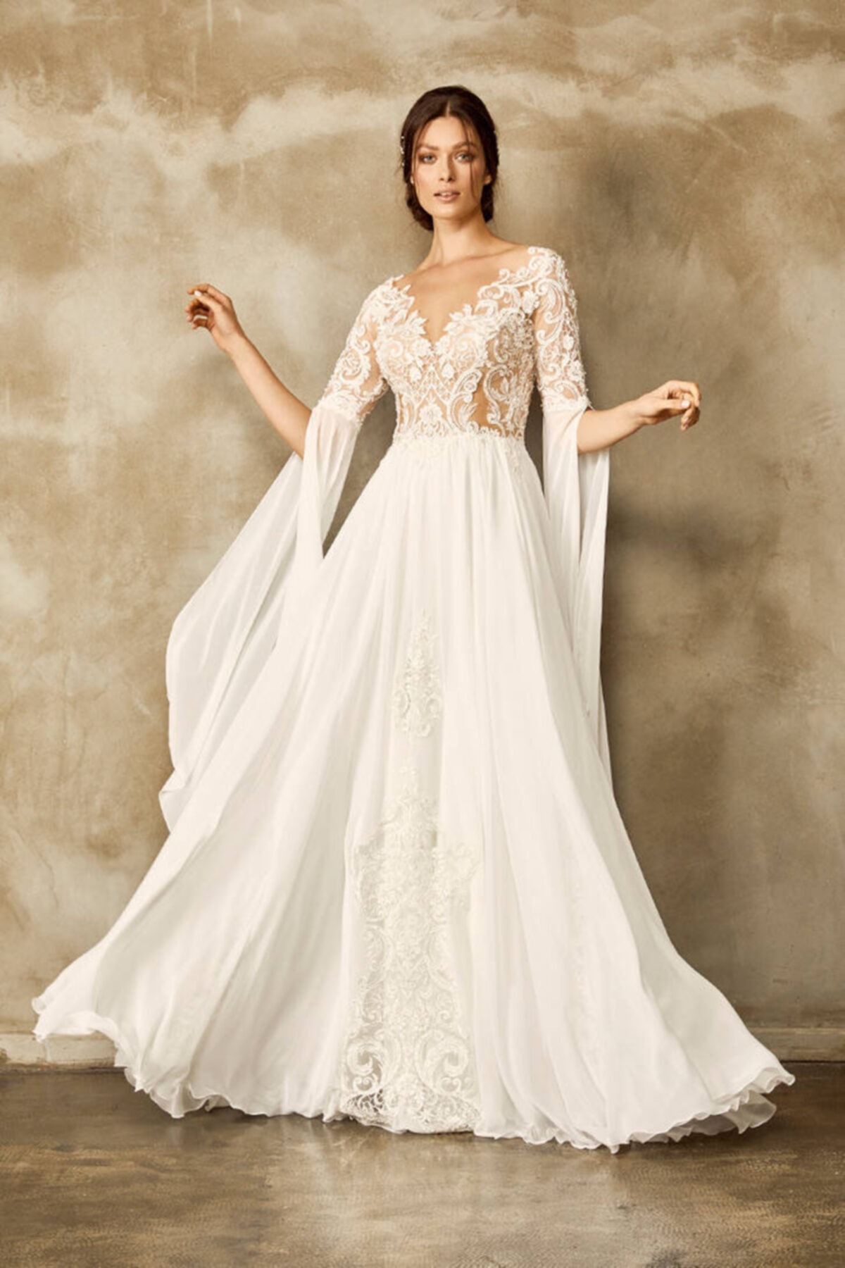 Mediha Cambaz Bridal Hellene Uçuş Uçuş Ipek Şifon Valon Kol Helen Sade Gelinlik