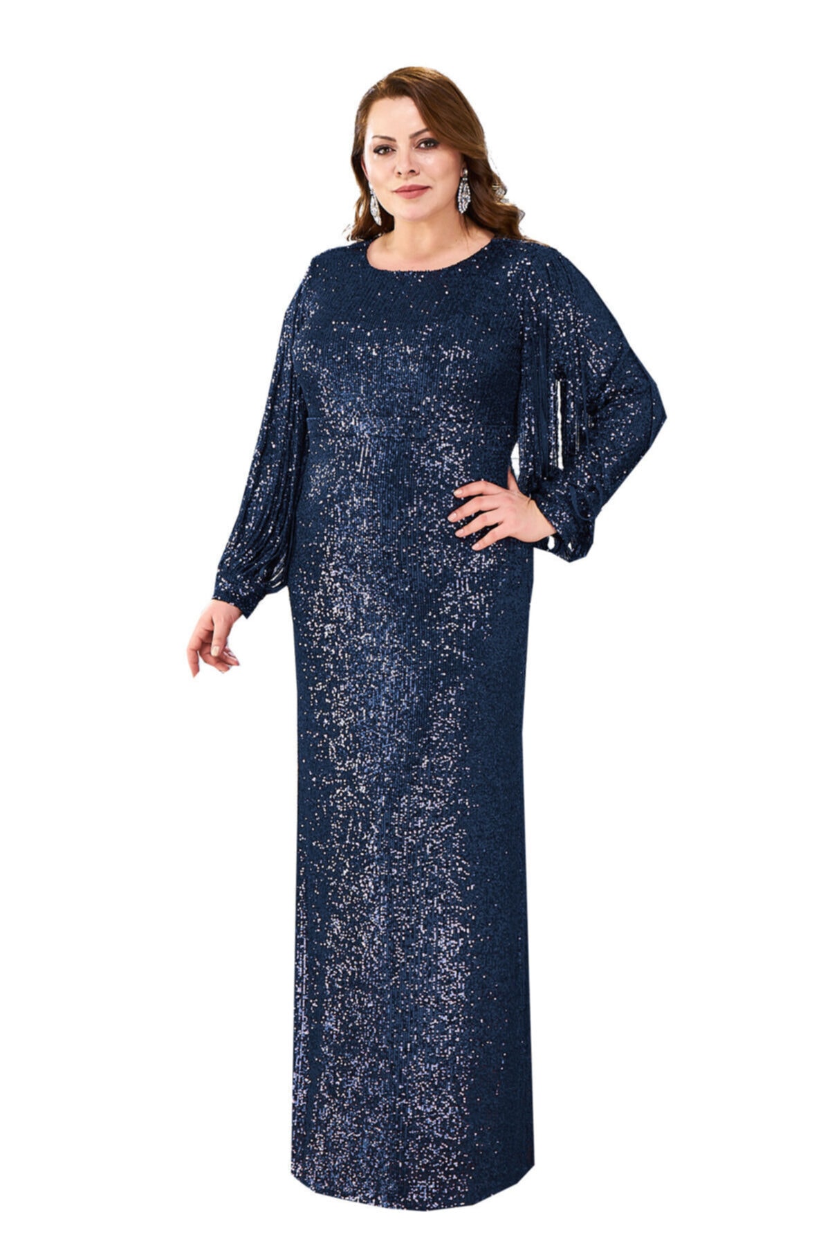 LİLAS XXL Likralı Pul Kumaş Büyük Beden Abiye Elbise