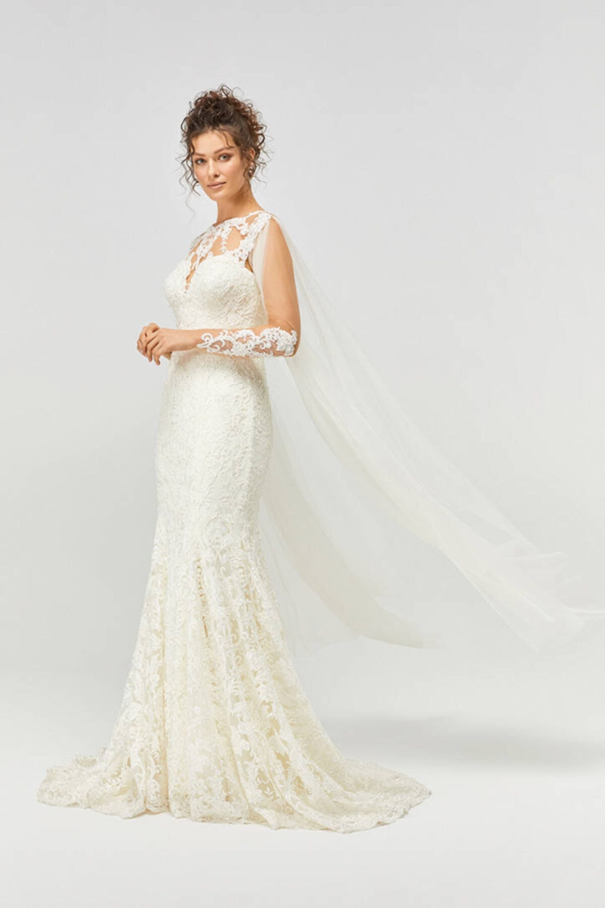 Mediha Cambaz Bridal Pısces Şal Desenli Omuz Detalı Balık Düz Gelinlik