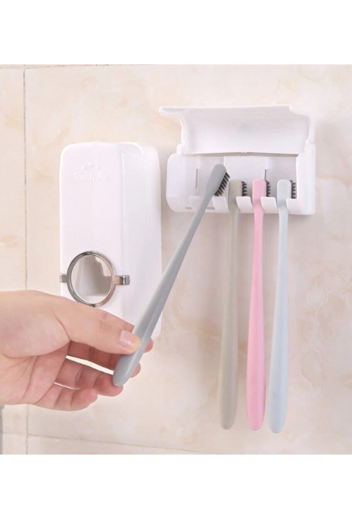 Toptanpro Beyaz Diş Macunu Sıkacağı Ve 5li Fırça Tutucu