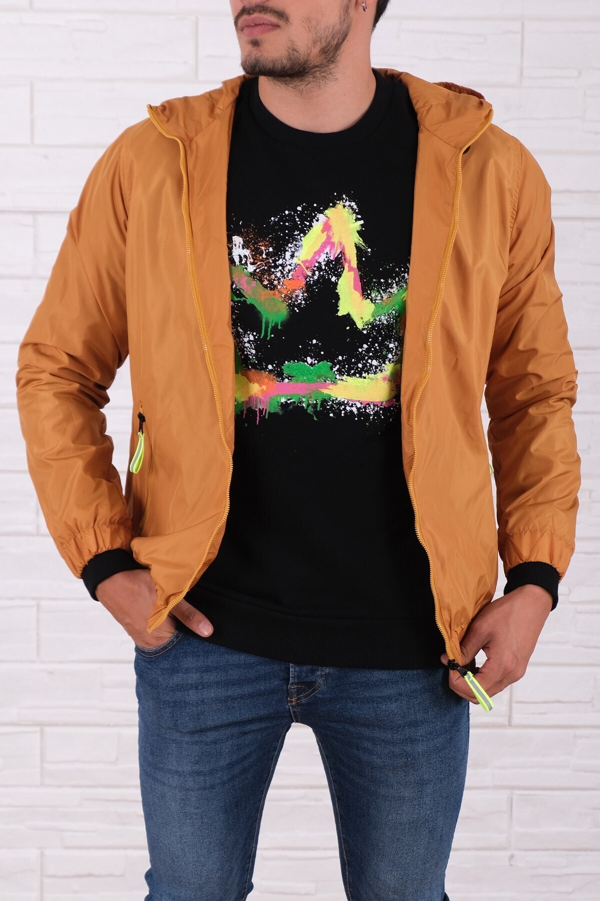 Arlin Erkek Kapşonlu Çift Cepli Yağmurluk Hardal Yağmurluk