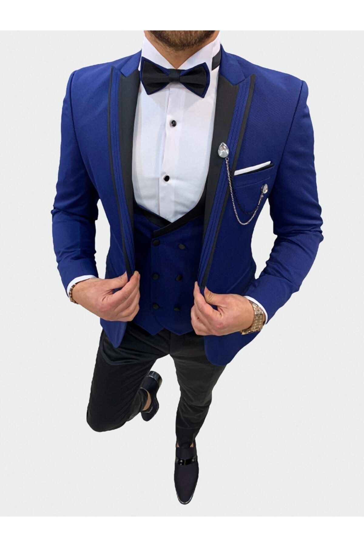 PAREZ Erkek Saks Mavisi Slim Fit Kırlangıç Yaka Damatlık