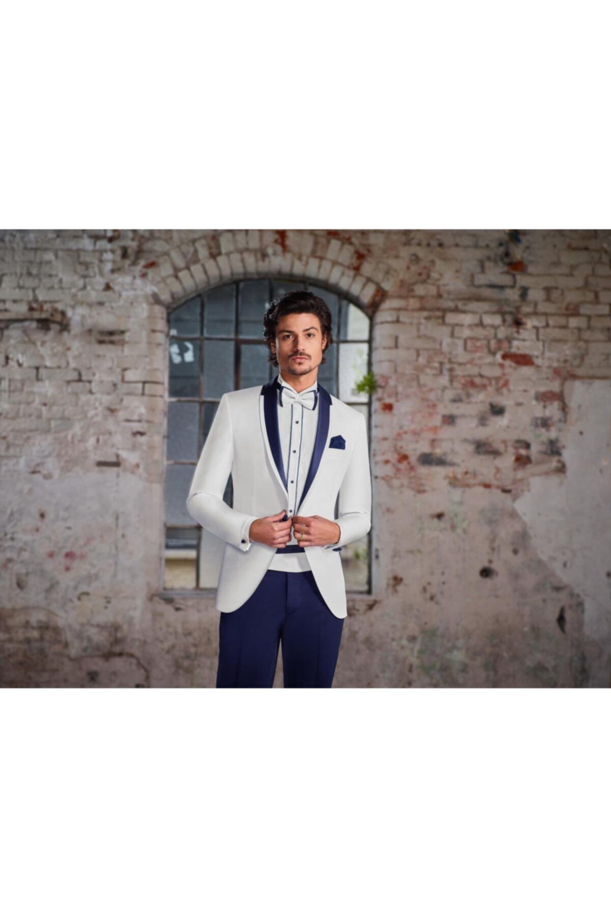 BAGGI Slim Fit Desenli Papyon Kuşaklı Smokin Krem