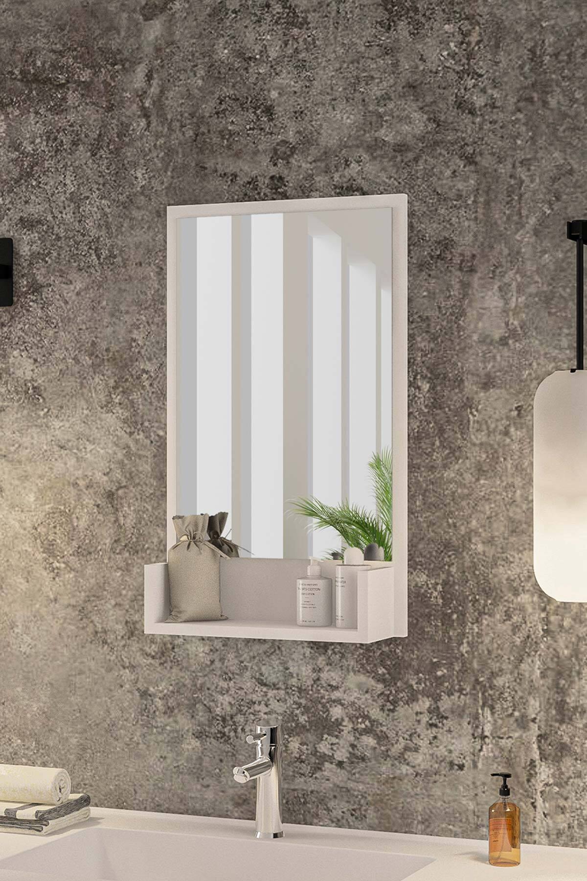 bluecape İnci Beyaz Raflı Antre Hol Koridor Duvar Salon Mutfak Banyo Wc Ofis Çocuk Yatak Odası Aynası 75cm