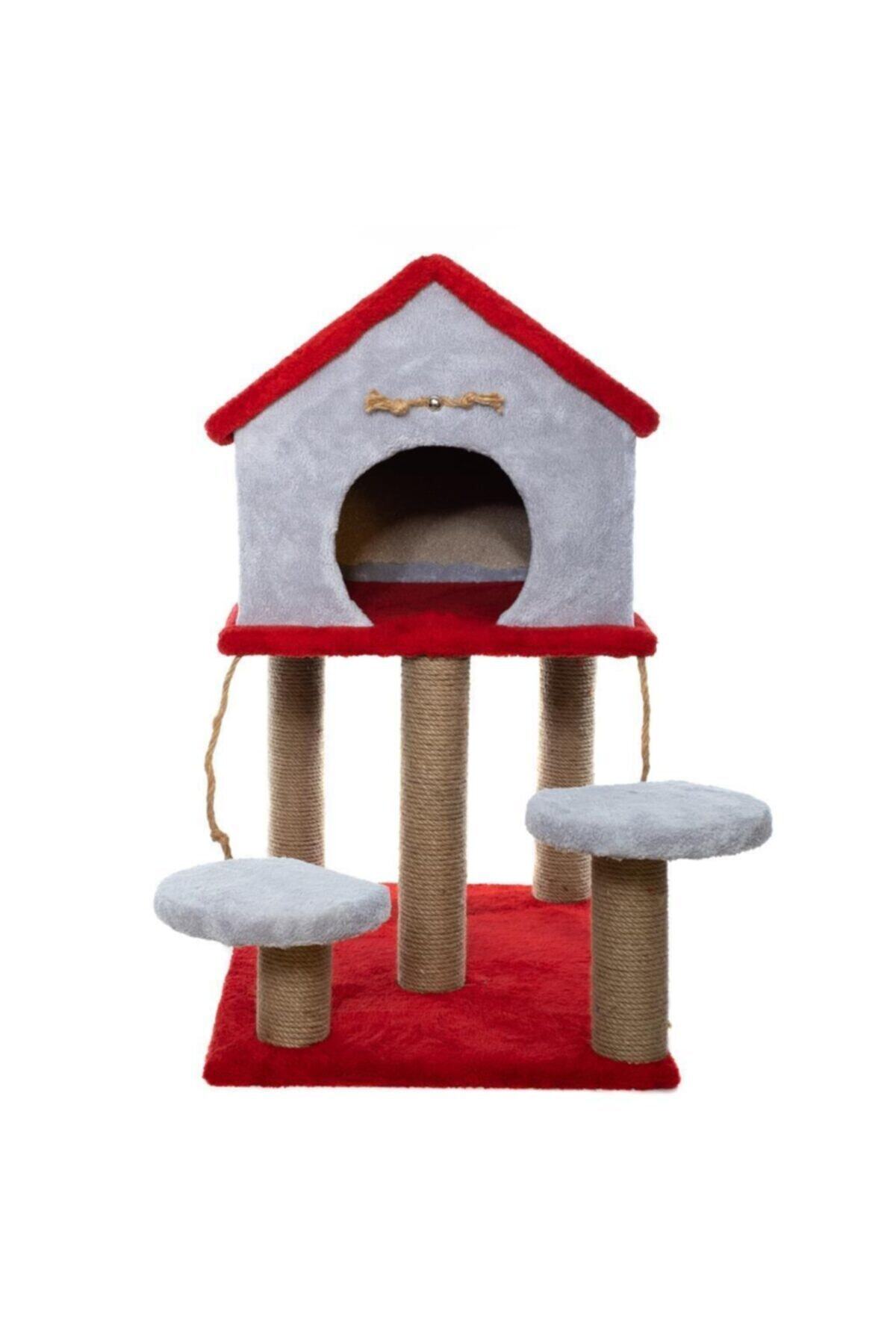 BEBEBEBEK 2 Katlı Kedi Tırmalama Evi Gri-kırmızı