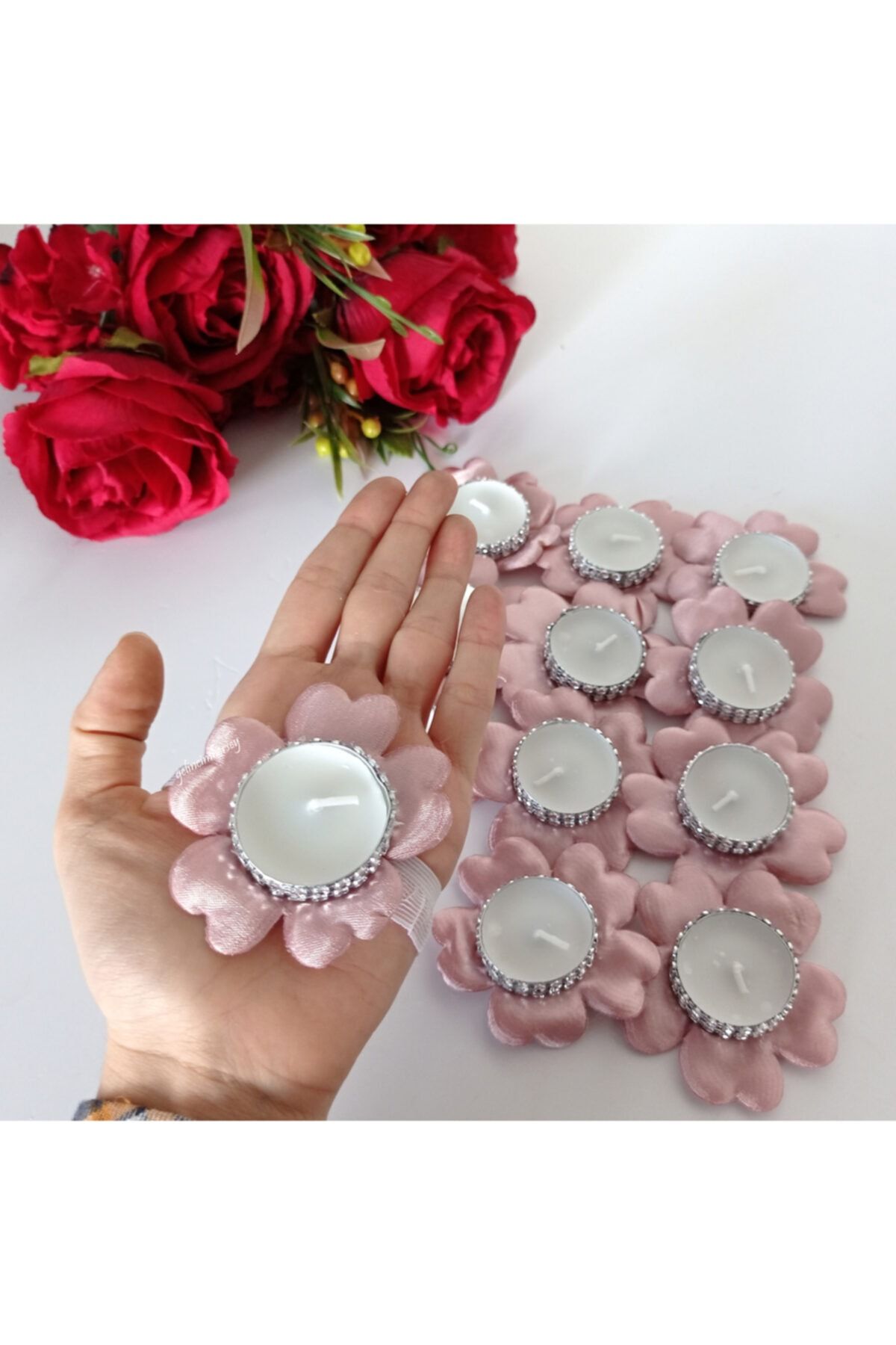 Gelincimherşey Pudra Pembe 12'li Lastikli Papatya Model Saten Kumaşlı Nedime El Mumu
