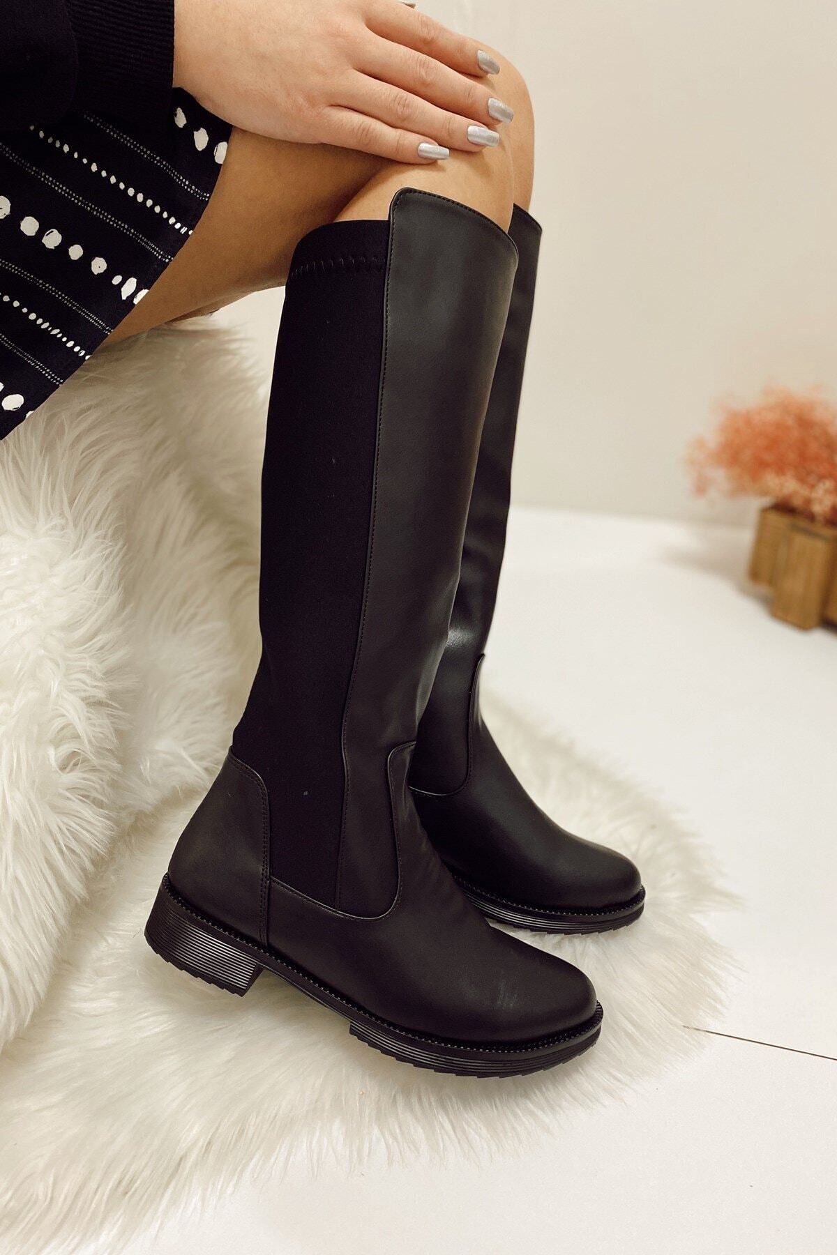 Nil Shoes Kadın Siyah Rue Cilt Lastikli Çizme