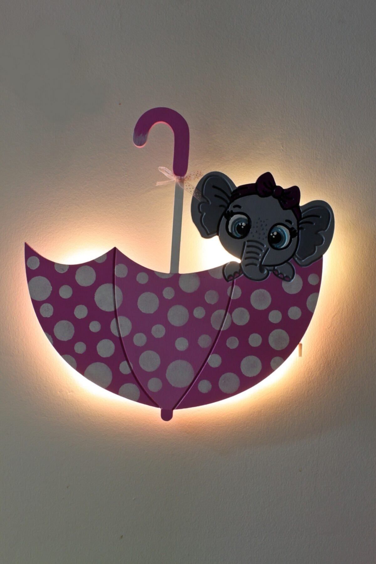 BLUE SANAT EVİ Ahşap Şemsiye Ve Fil Led Aydınlatma