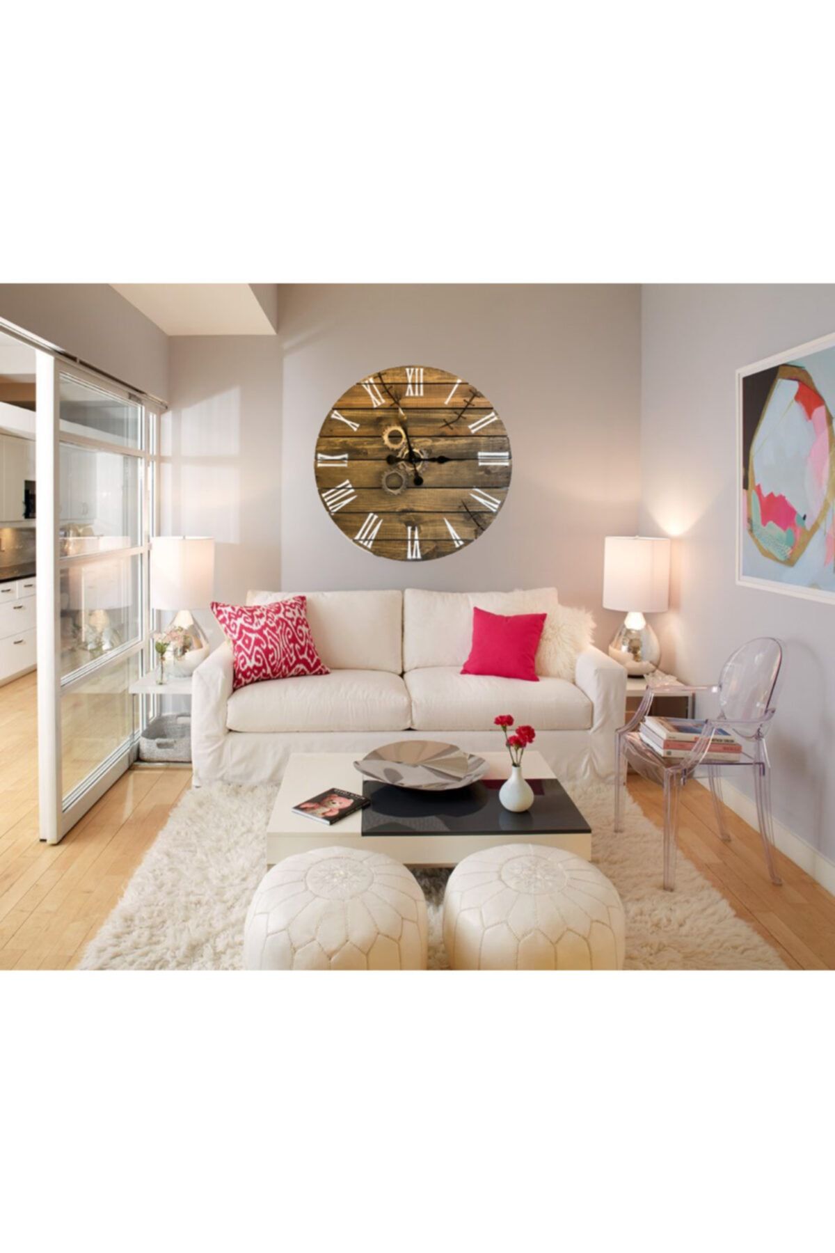 HOMERİUM Beyaz Çarklı Eskitme Meşe Duvar Saati 60x60