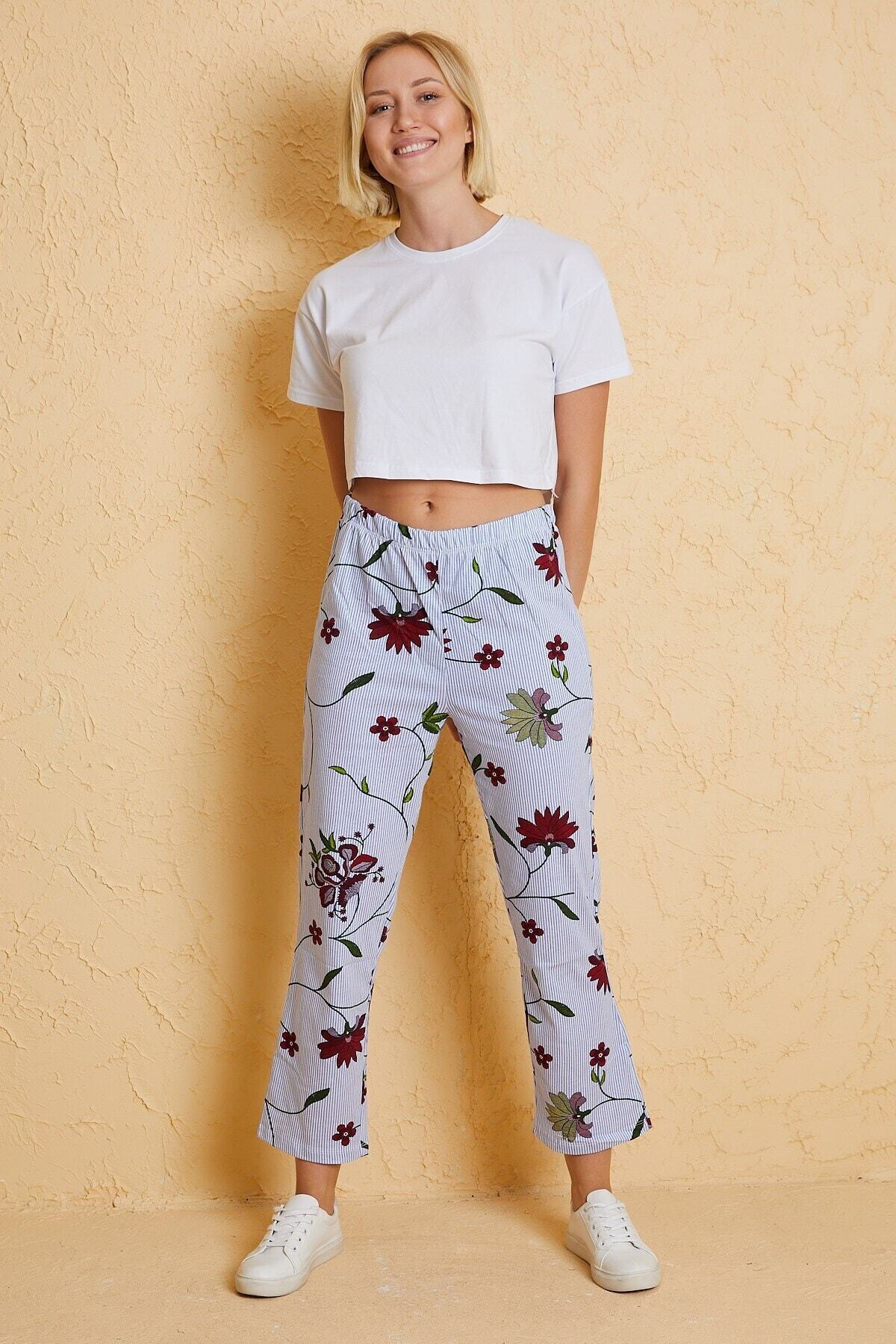 ESPİNA Kadın Çizgili Çiçek Desen Pijama Altı