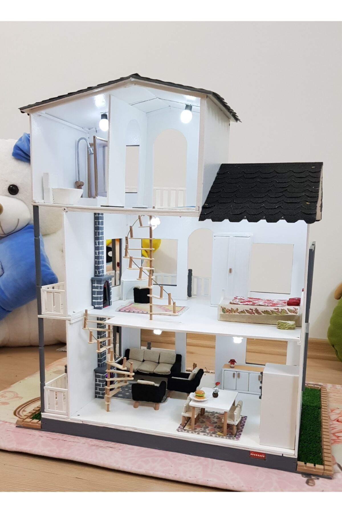 jossho ahsap oyuncak bebek evi el yapimi esyali uc katli ve isikli fiyati yorumlari trendyol