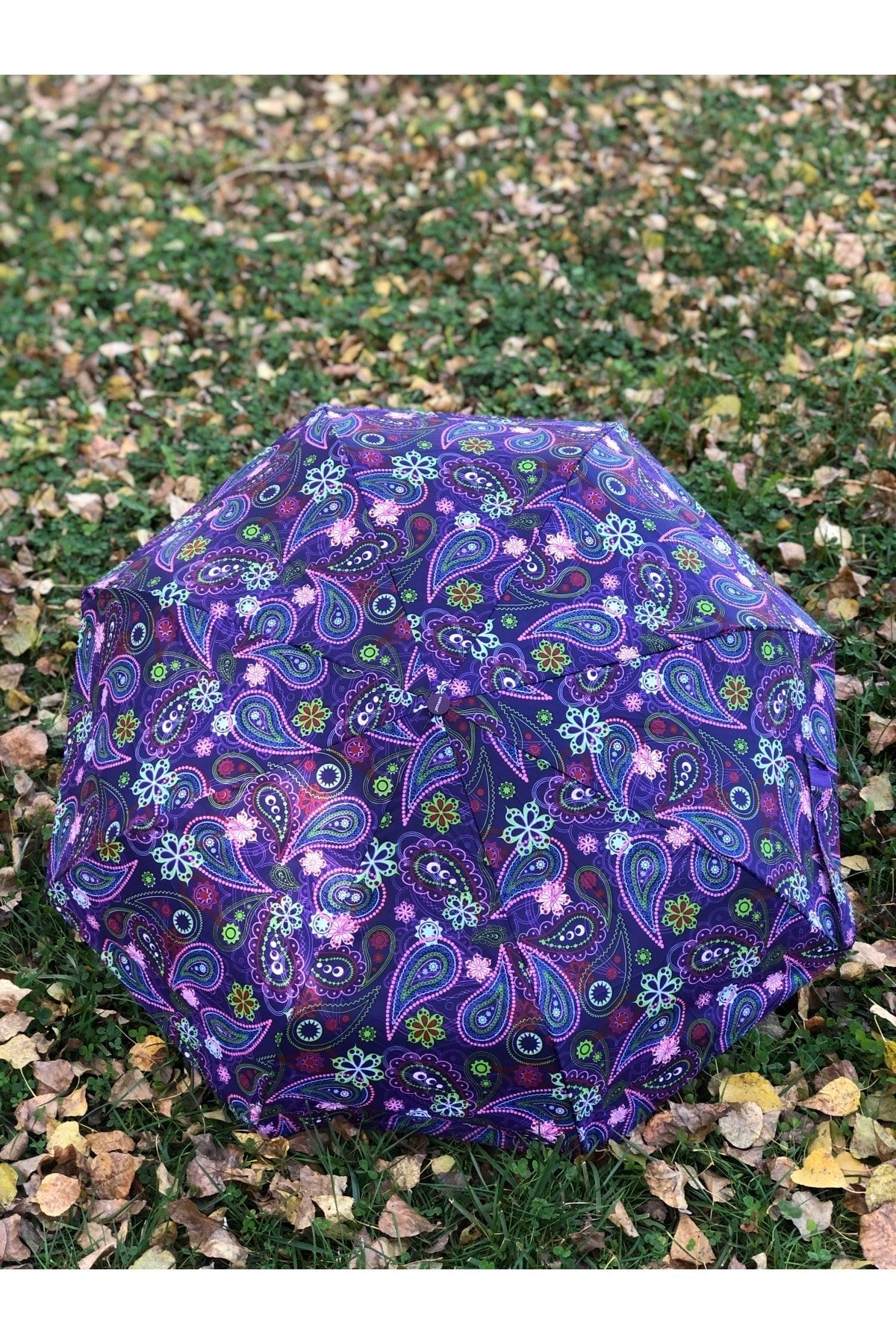 Rainwalker Rüzgarda Kırılmayan Tam Otomatik Çiçek Ve Yaprak Desenli Mor Kadın Şemsiye