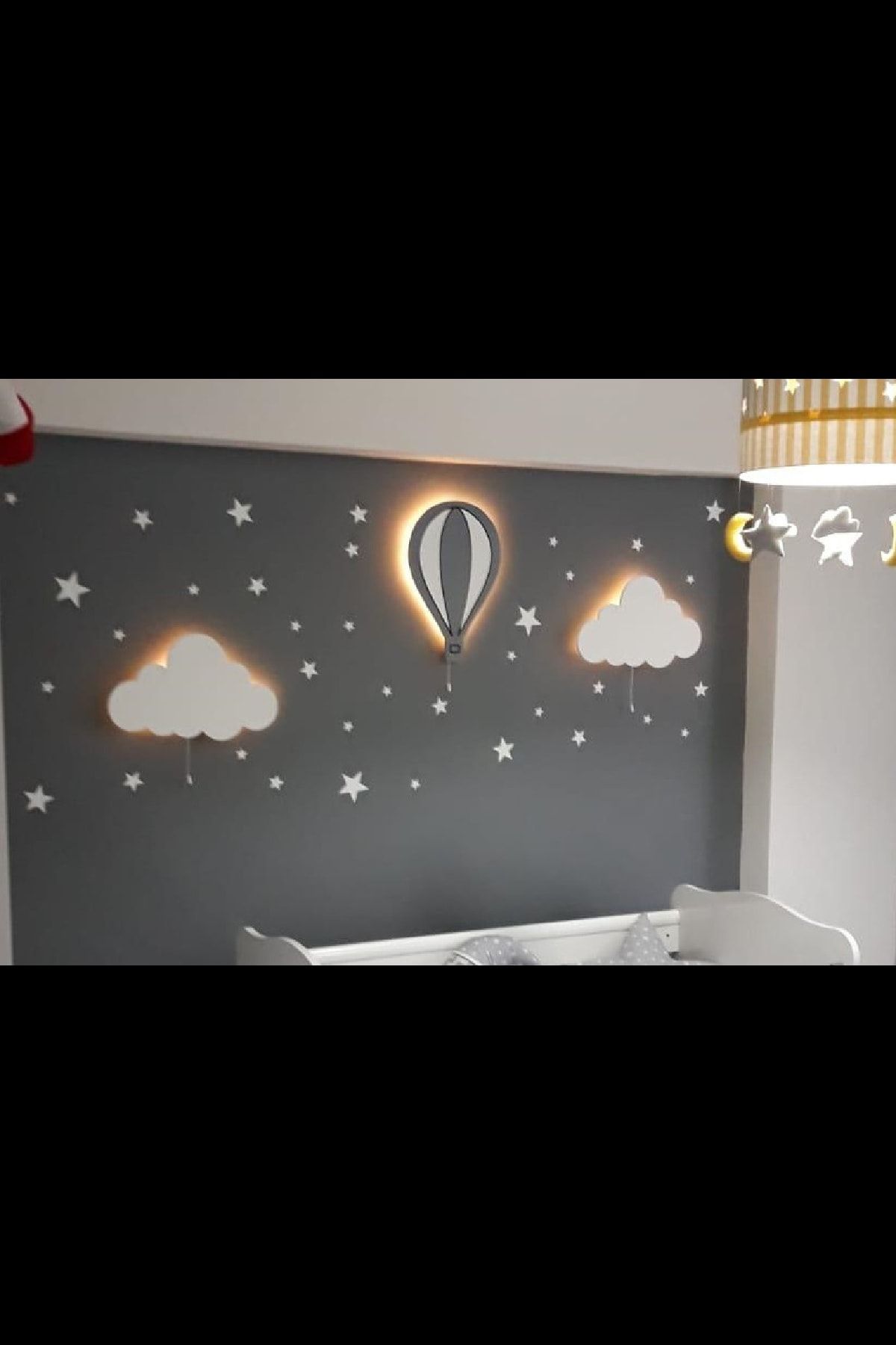 BugyBagy Gri Balonlu Ahşap Gece Lambası Seti