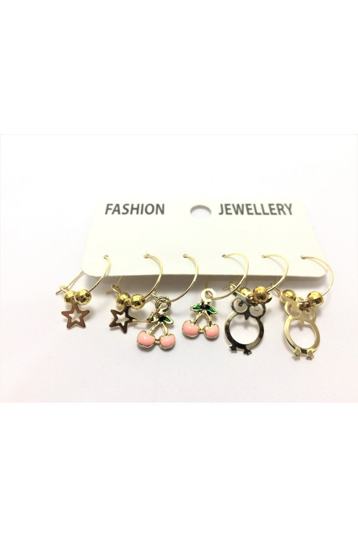 TÜKKAN ACCESSORİES Kiraz Gold Kaplamalı 3 Çift Mineli Kombin Çoklu Küpe