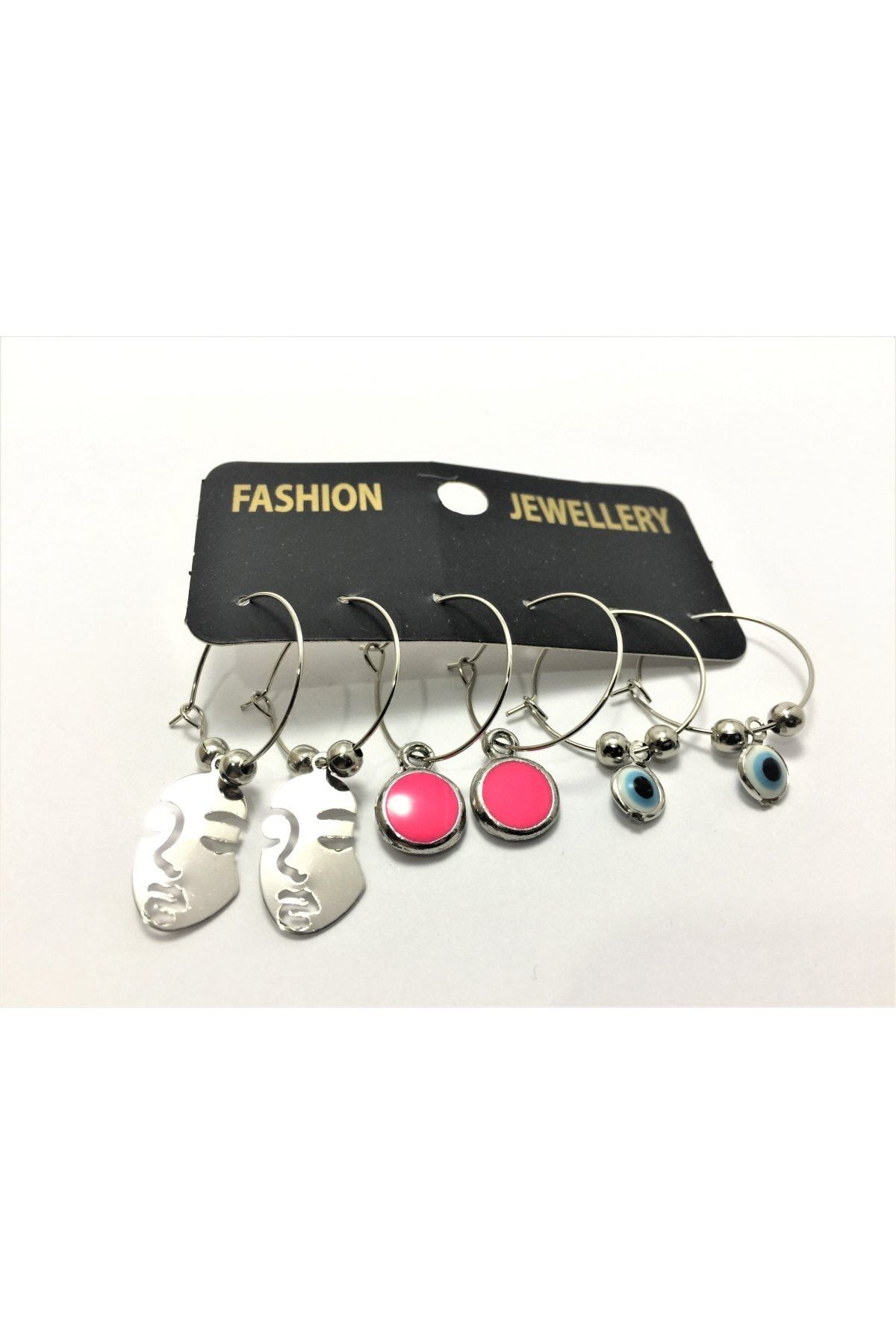 TÜKKAN ACCESSORİES Gümüş Kaplama Figürlü Mineli Halka 3 Çift Kombin Çoklu Küpe