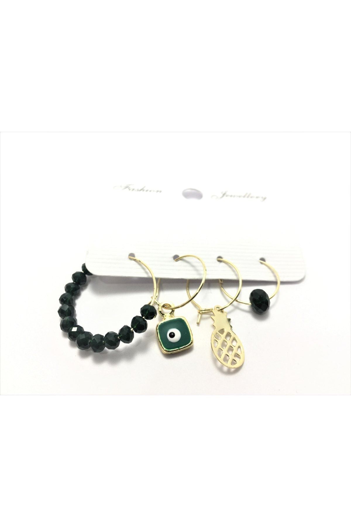 TÜKKAN ACCESSORİES Gold Kaplama Kristal Taş Halka Kare Nazar Mineli 4lü Kombin Çoklu Küpe