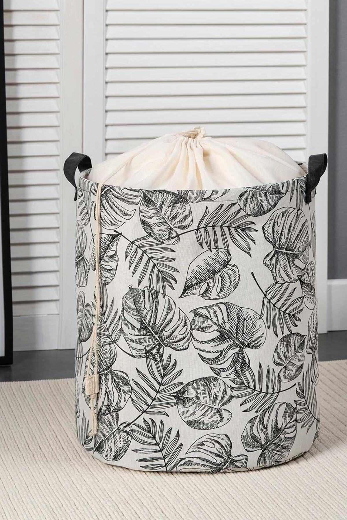 OCEAN HOME Siyah Yaprak Desen Çamaşır Sepeti//36x40