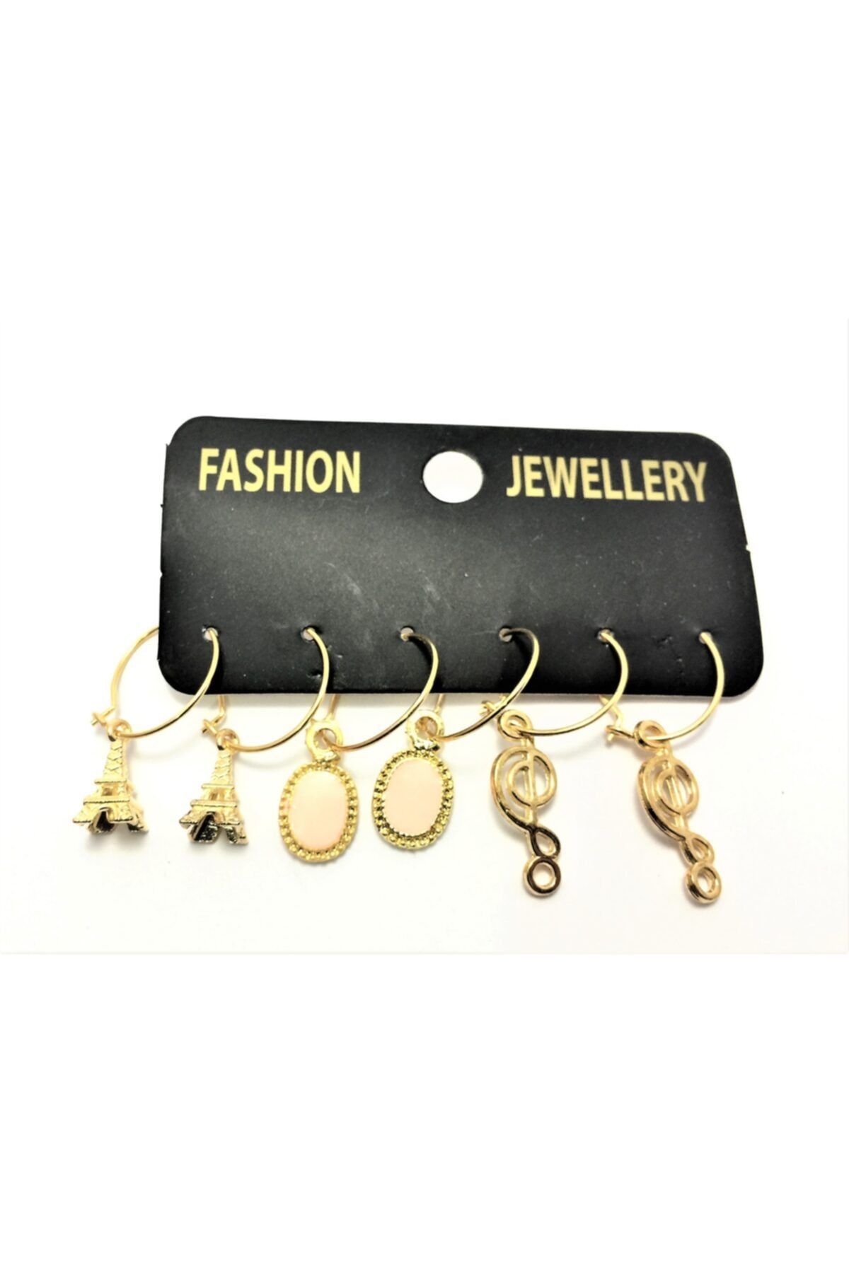 TÜKKAN ACCESSORİES Gold Kaplamalı Figürlü Oval Mineli Halka 3 Çift Kombin Çoklu Küpe