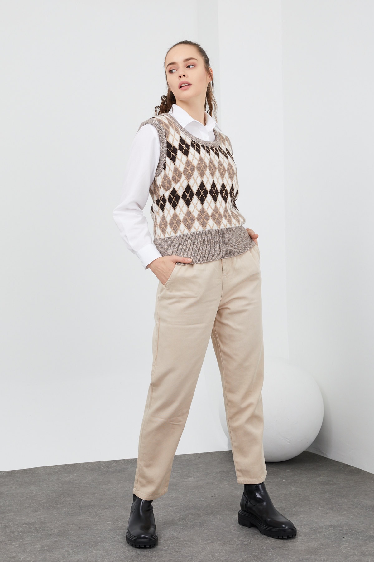 THE DOORE Kadın Vizon Baklava Desenli Triko Süveter