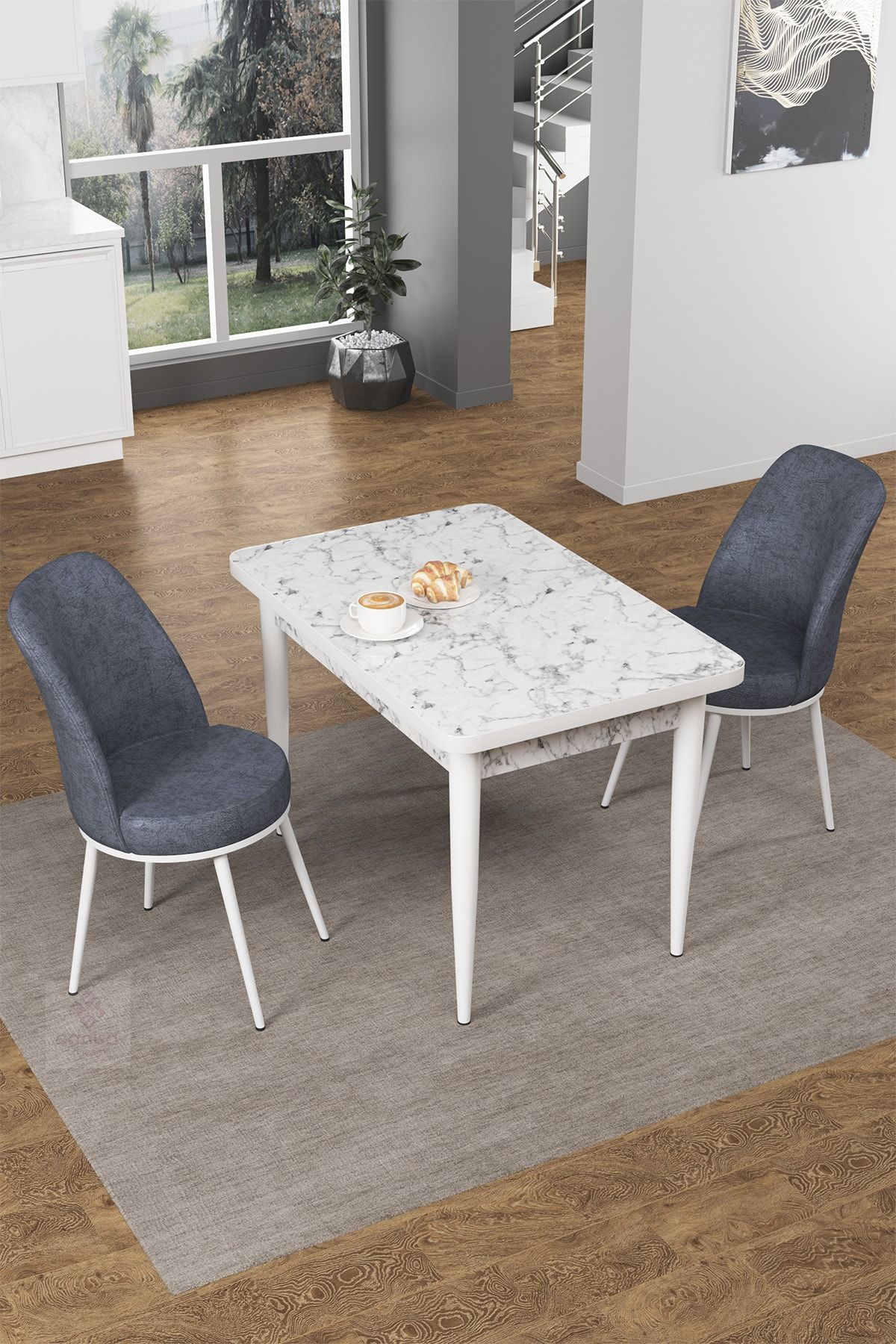 Canisa Concept Nil Serisi Beyaz Mermer Desenli Sabit Mutfak Masa Takımı +2 Adet Füme Sandalye
