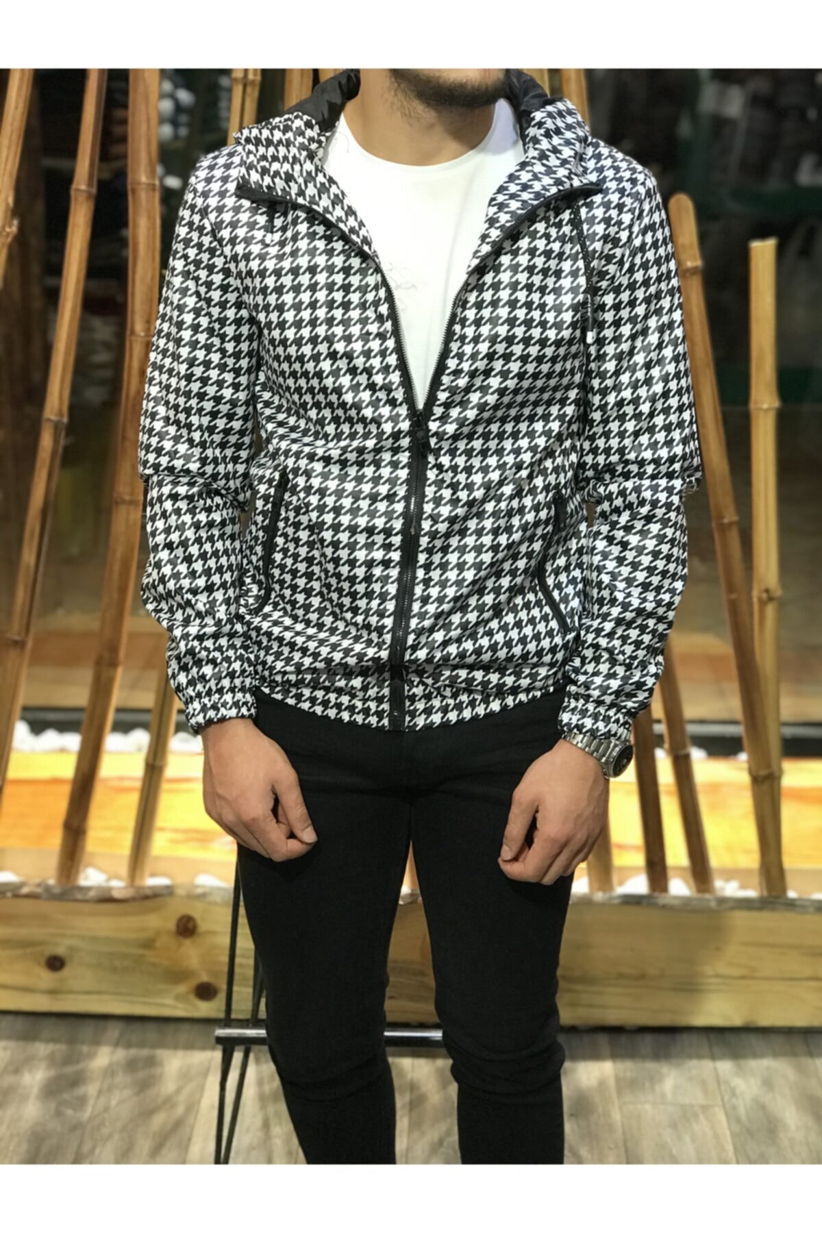 HKN COLLECTION Erkek Siyah Kareli Yağmurluk