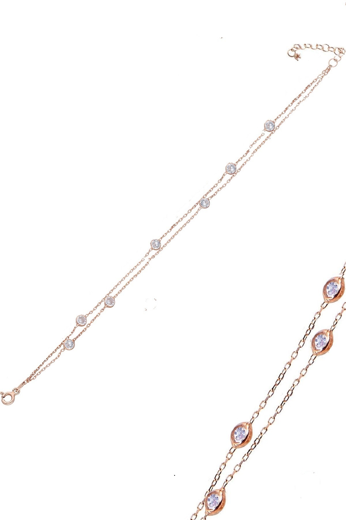 Trend Silver Kadın 925 Ayar Gümüş Rose İki Zincirli Zirkon Taşlı Halhal