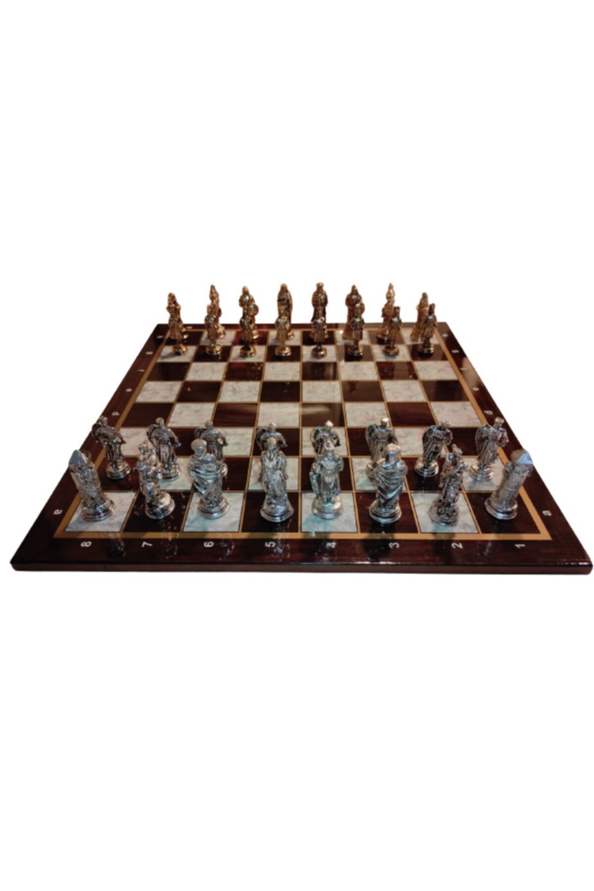 pucon Gambit Lüks Ahşap Satranç Takımı Krom Taşlar Kaliteli Ahşap Satranç 45-45 Cm Şah Boyu 8 Cm