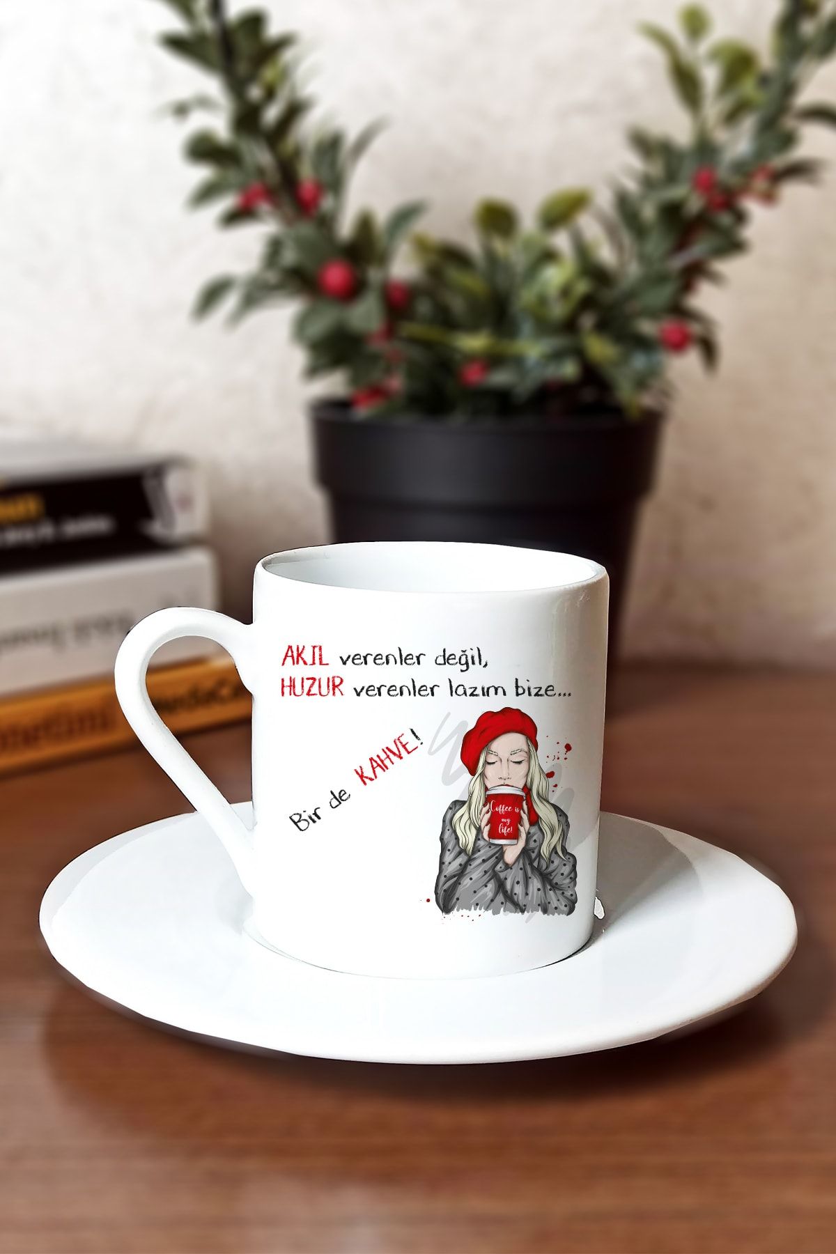 Kreatölye Huzur Lazım Bir De Kahve Baskılı Beyaz Türk Kahvesi Fincanı