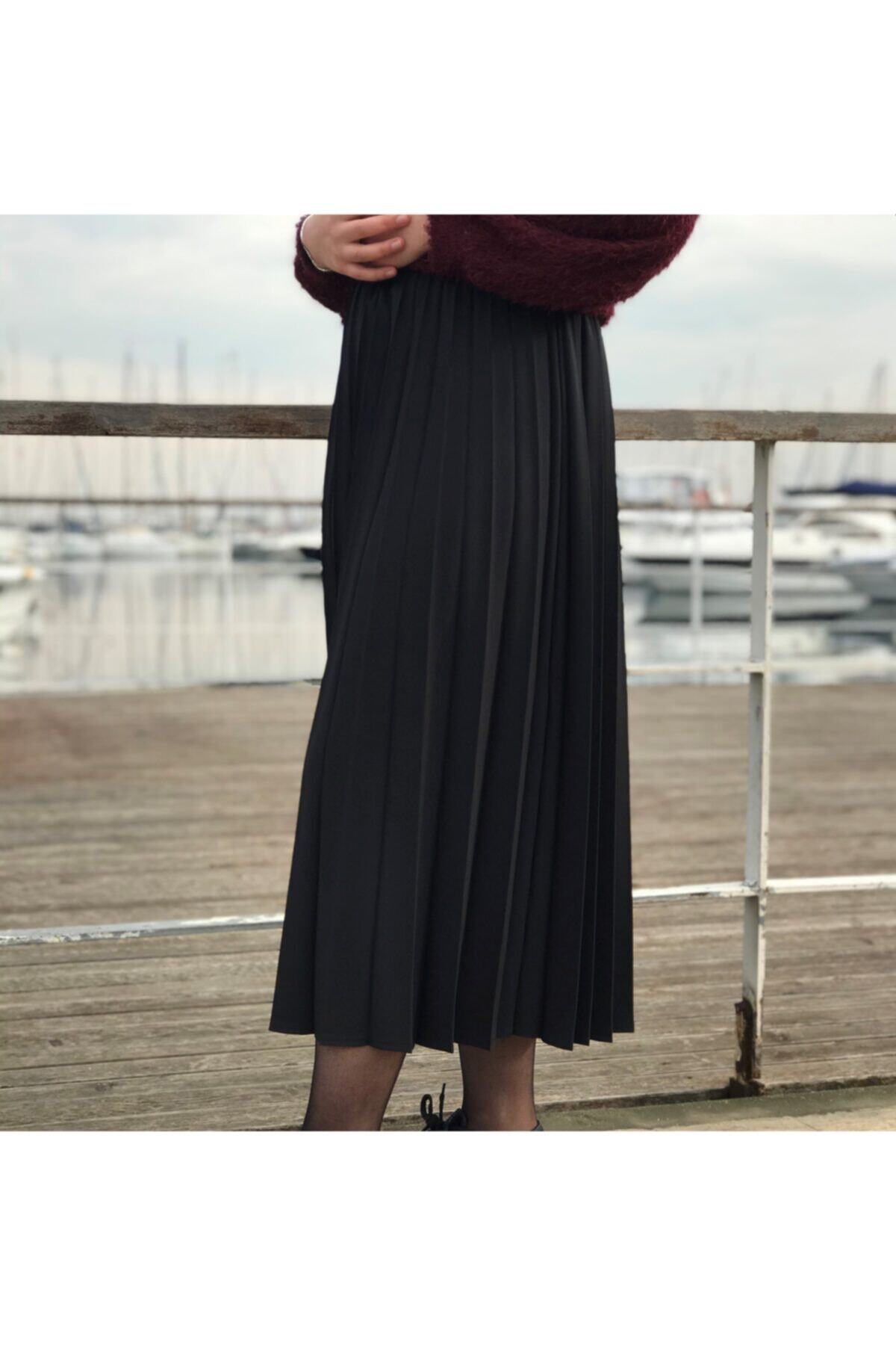GÖKSİM GİYİM Kadın Siyah Iç Göstermeyen Piliseli Uzun Etek