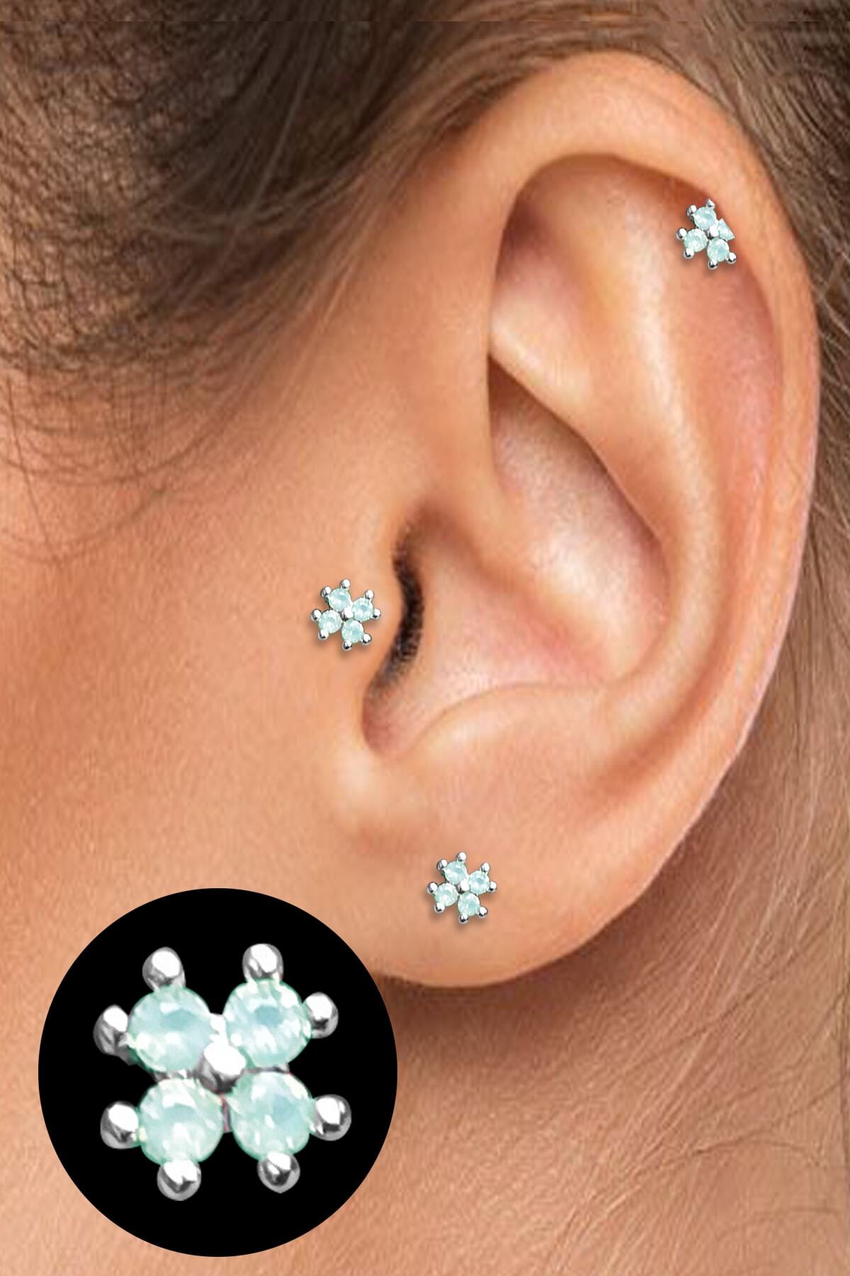 Salyangoz Company Cerrahi Çelik Kıkırdak Helix Tragus Piercing Mini Boy Opal Taşlı Yonca (1 Adet) Slmopyo