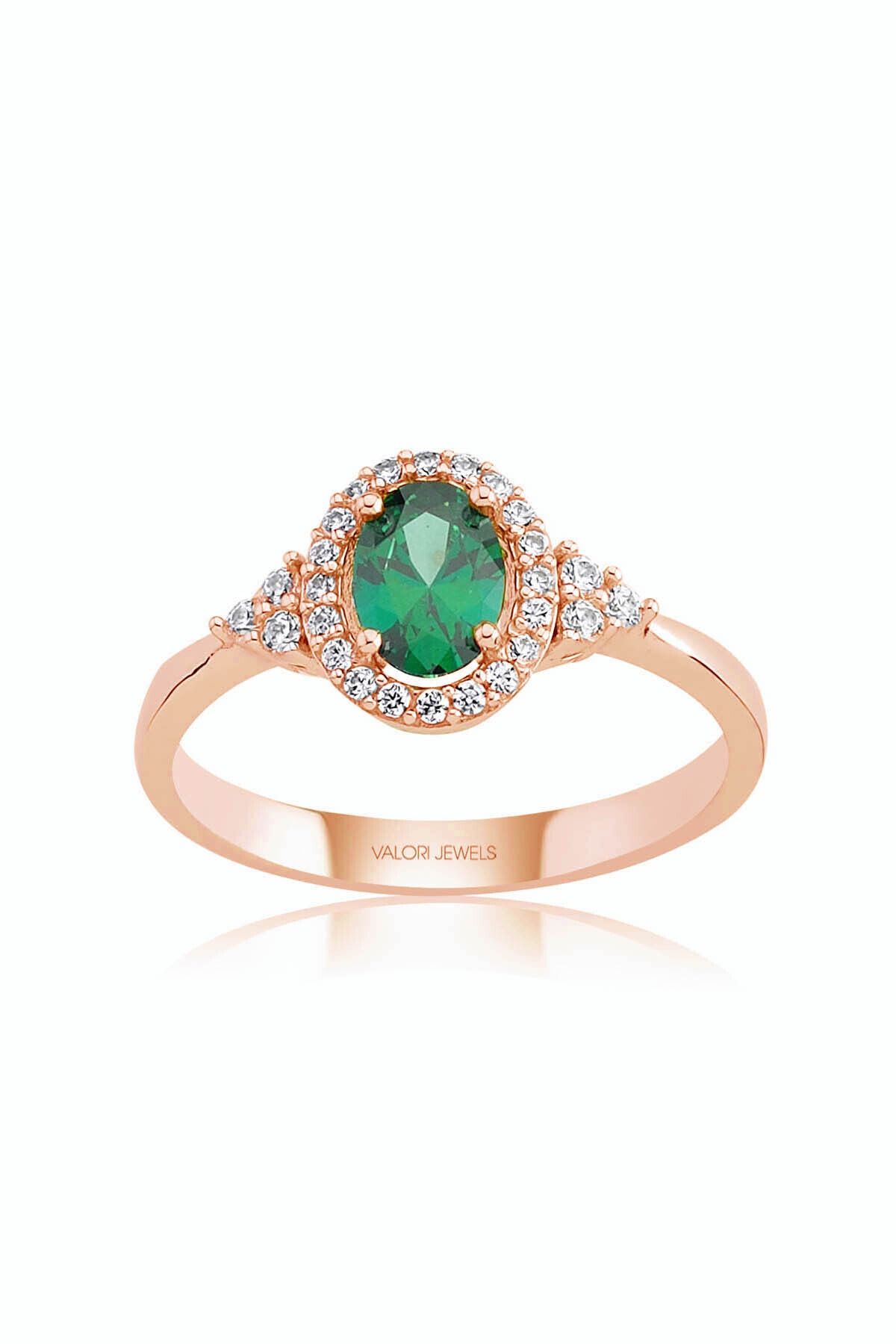 Valori Jewels 0.65 Karat Swarovski Zirkon Yeşil Oval Taşlı, Rose Gümüş Yüzük