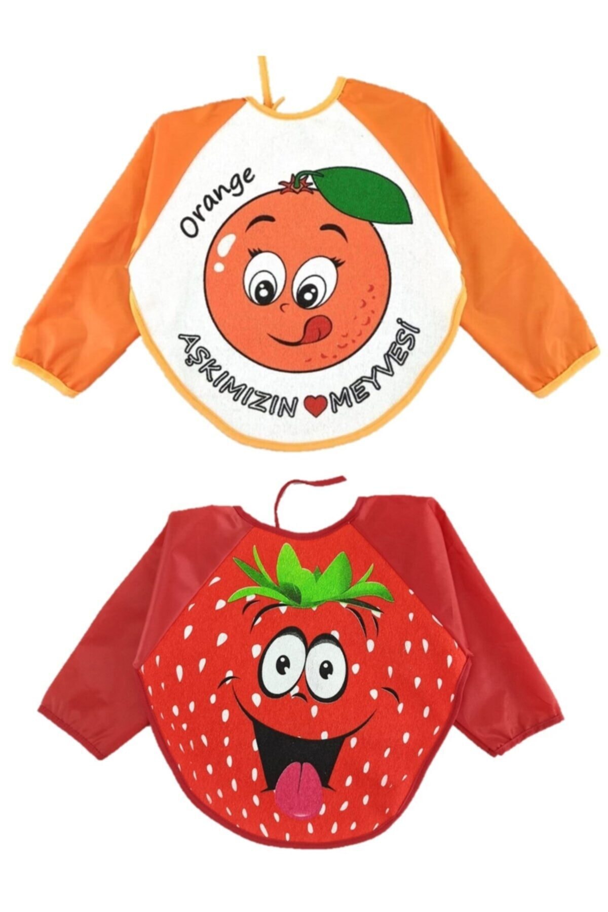 Aydınlar 2 Adet Portakal Aşkımızın - Çilek Desenli Kollu Su Geçirmez Bebek Mama Önlüğü