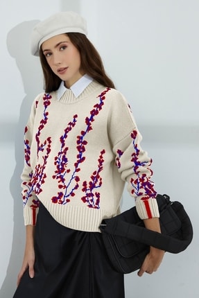 SHERIN Ekru &Ccedil;i&ccedil;ek Desenli Dik Yaka Salaş Triko Kazak Swk4198el