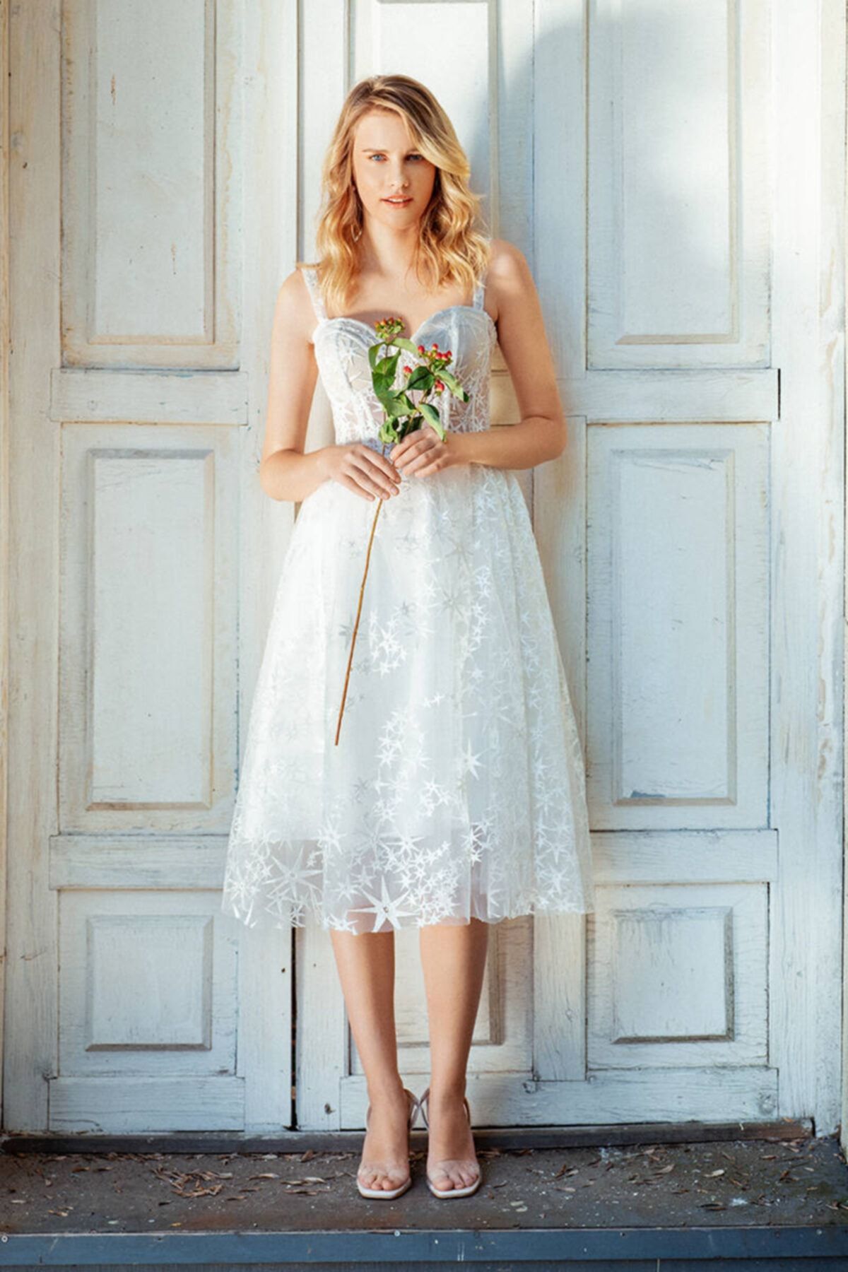 Mediha Cambaz Bridal Weddress Star Yıldız Desenli Diz Altı Midi Nikah Elbisesi