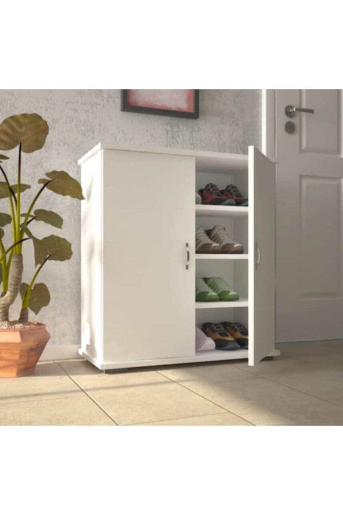 Yeni Vitrin %100 Mdf 4 Raflı Beyaz Ayakkabılık