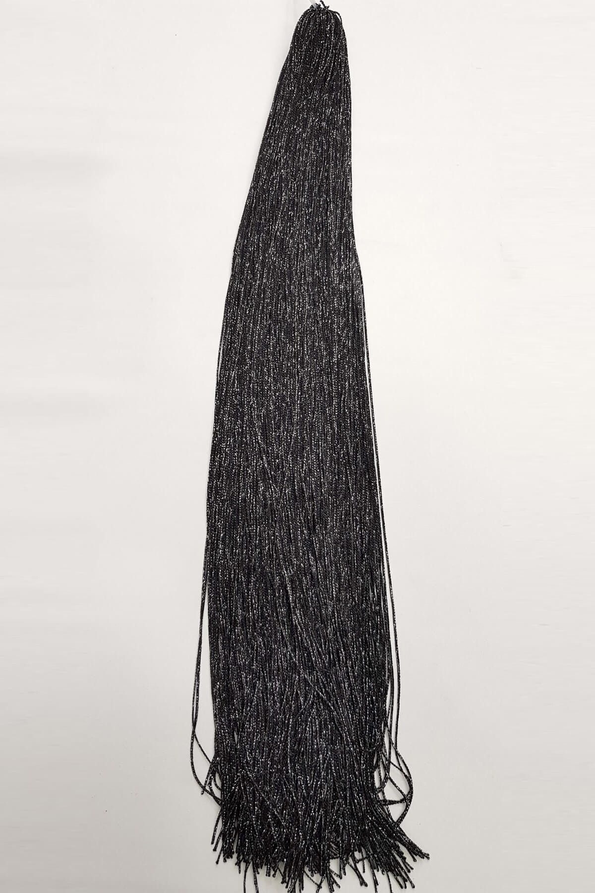 Hayalperest boncuk Siyah-gümüş Tek Bağ Saçaklı Püskül 60 Cm (1 Adet)