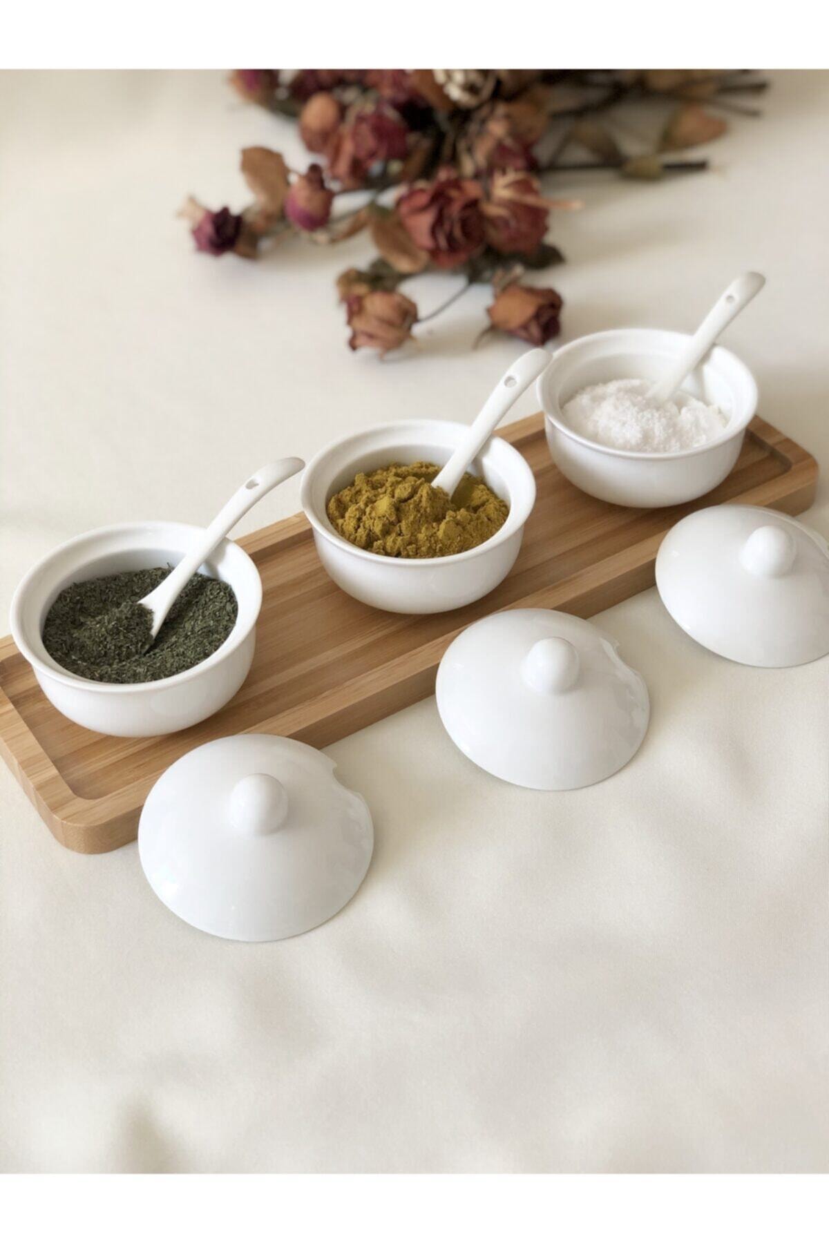 EARABUL Trend Bambu Standlı Lüx Kaşıklı Porselen Baharatlık 4'lü Set