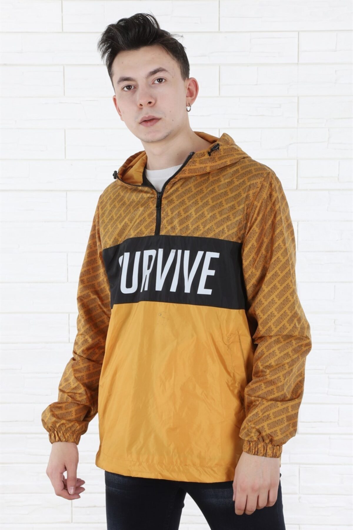 Arlin Erkek Baskılı Fermuar Detaylı Kapşonlu Sarı Yağmurluk