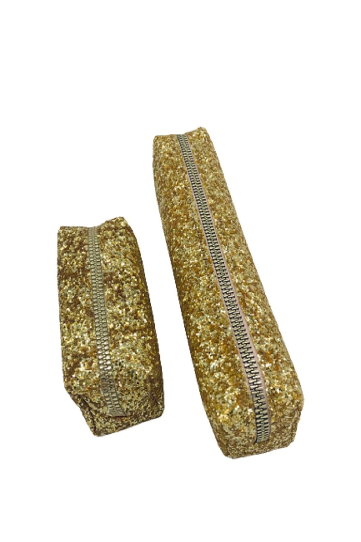 UNICUS Swarovski Taşlı 2'li Set Makyaj Çantası Özel Tasarım Gold