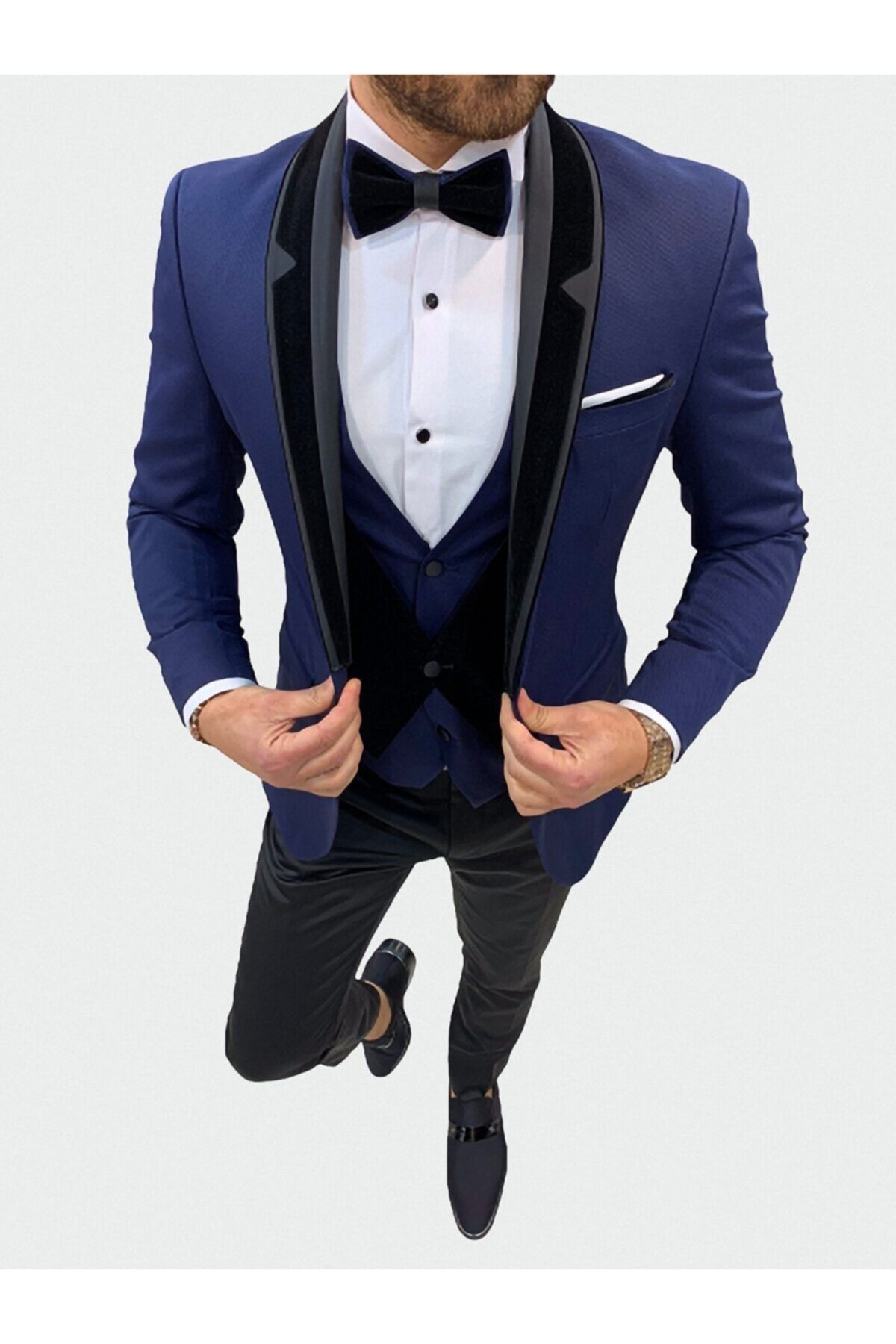 PAREZ Erkek Lacivert Slim Fit Şal Yaka Damatlık