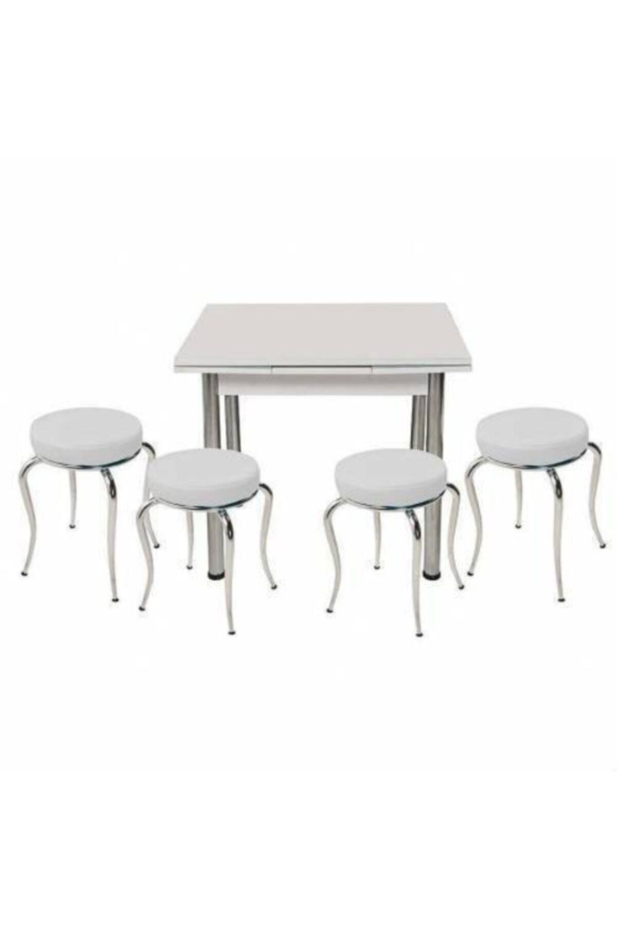 Evistro Yandan Açılır Ahşap Mutfak Masa 4 Tabureli Beyaz 60x90