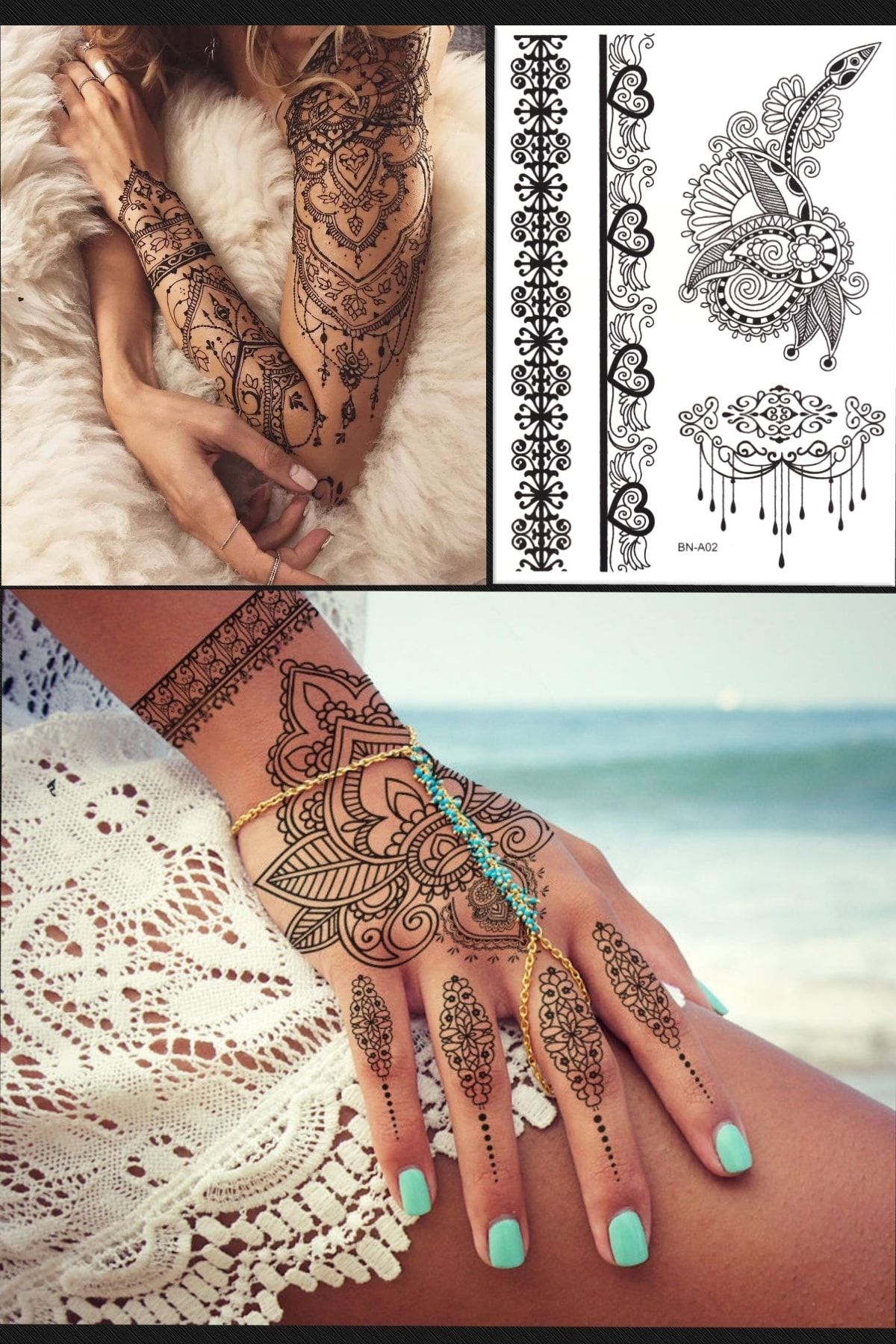 BP Tattoo Hint Kınası Görünümlü Mandala El Ve Bilek Dantelli Dövme