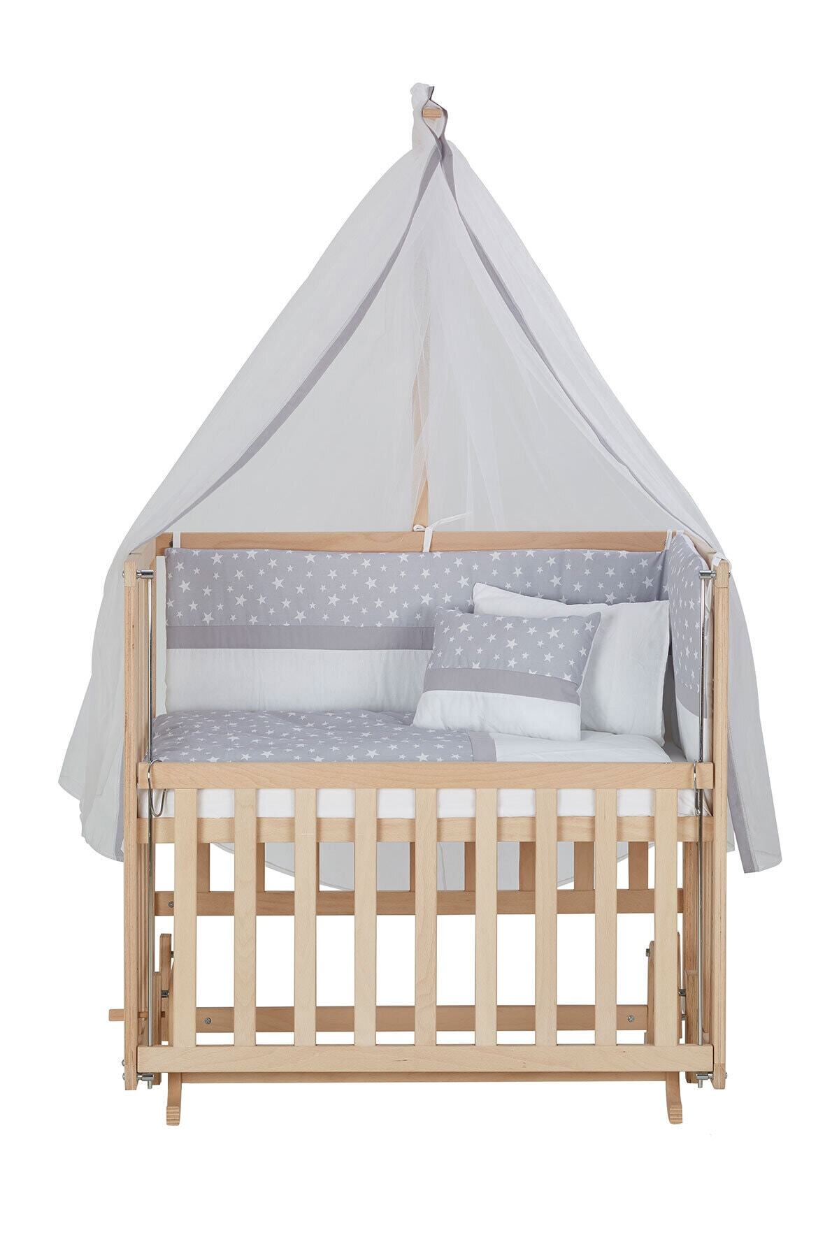 Baby Tech 50x90 Naturel Boyasız 4 Kademeli Beşik + Gri Yıldızlı Uyku Seti