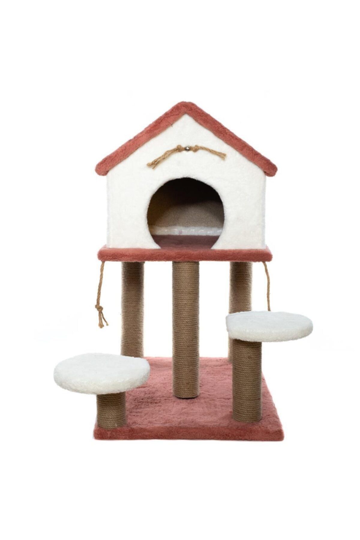 BEBEBEBEK 2 Katlı Kedi Tırmalama Evi Pudra-beyaz