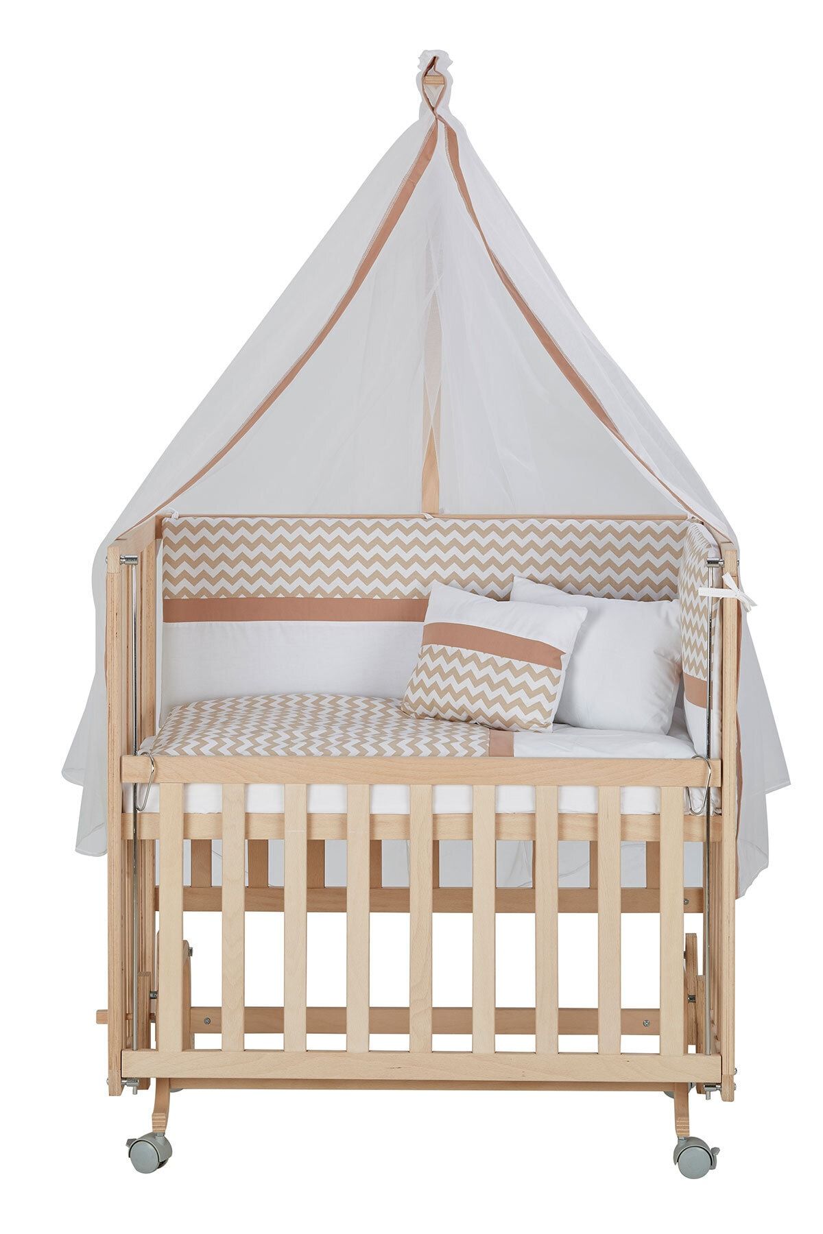Baby Tech 50x90 Naturel Boyasız 4 Kademeli Tekerlekli Beşik + Kahve Zikzak Uyku Seti