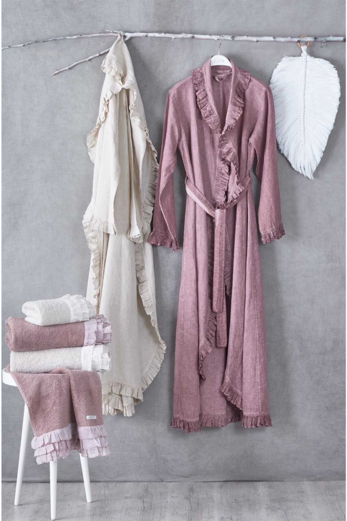 Ecocotton Mıranda Keten Fırfırlı Sabahlık Bej L