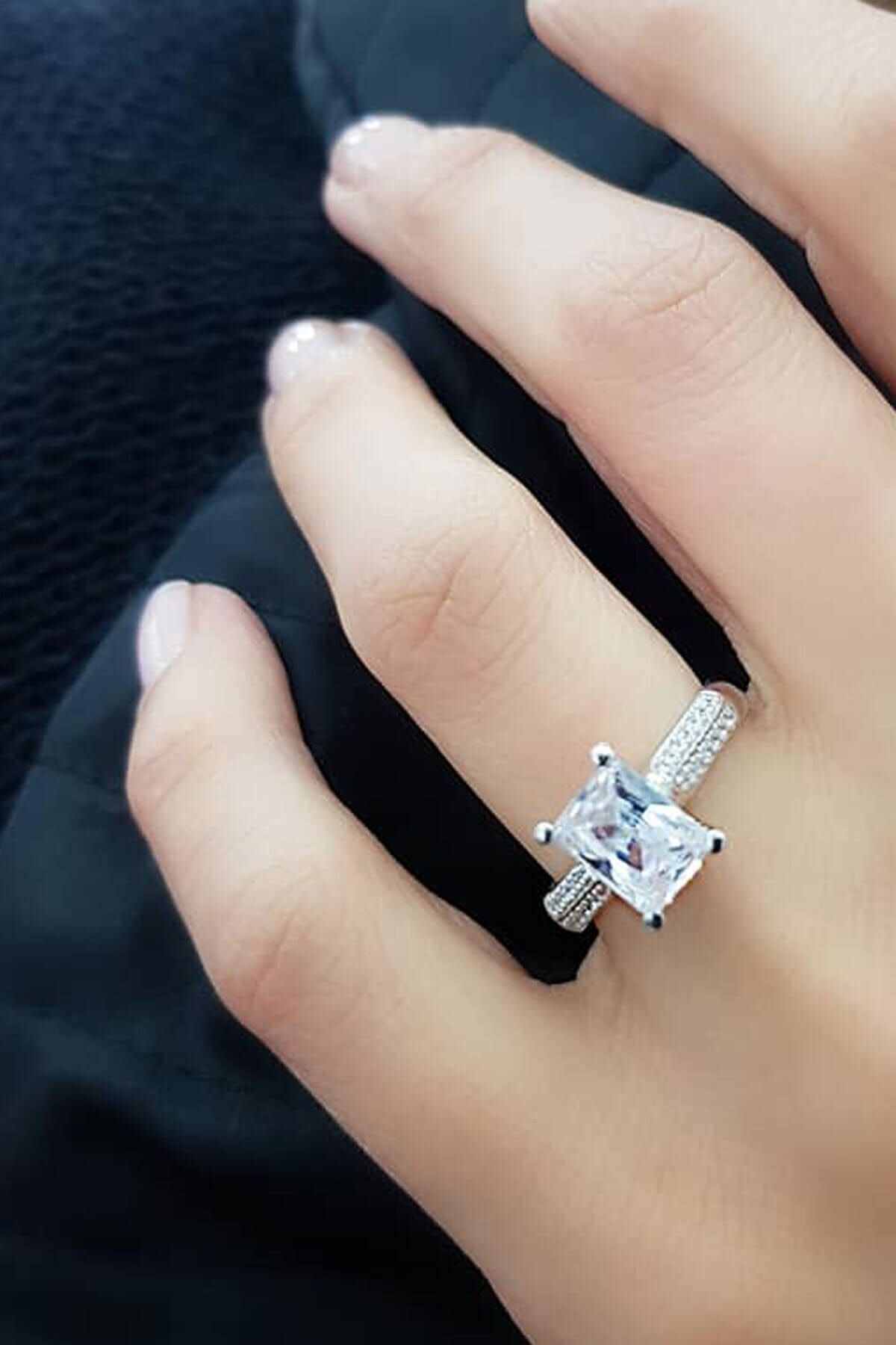 OSESHOP Baget Kesim Swarovski Taşlı Gümüş Tek Taş Yüzük