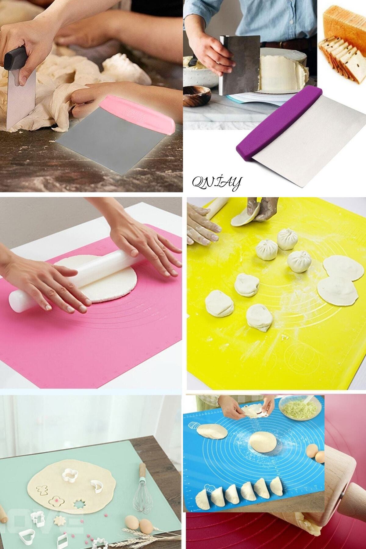 QNİAY 2'li Set Silikon Ölçekli Hamur Açma Matı + Hamur Kesme Aparatı Spatulası Börek Mantı Yoğurma Matı